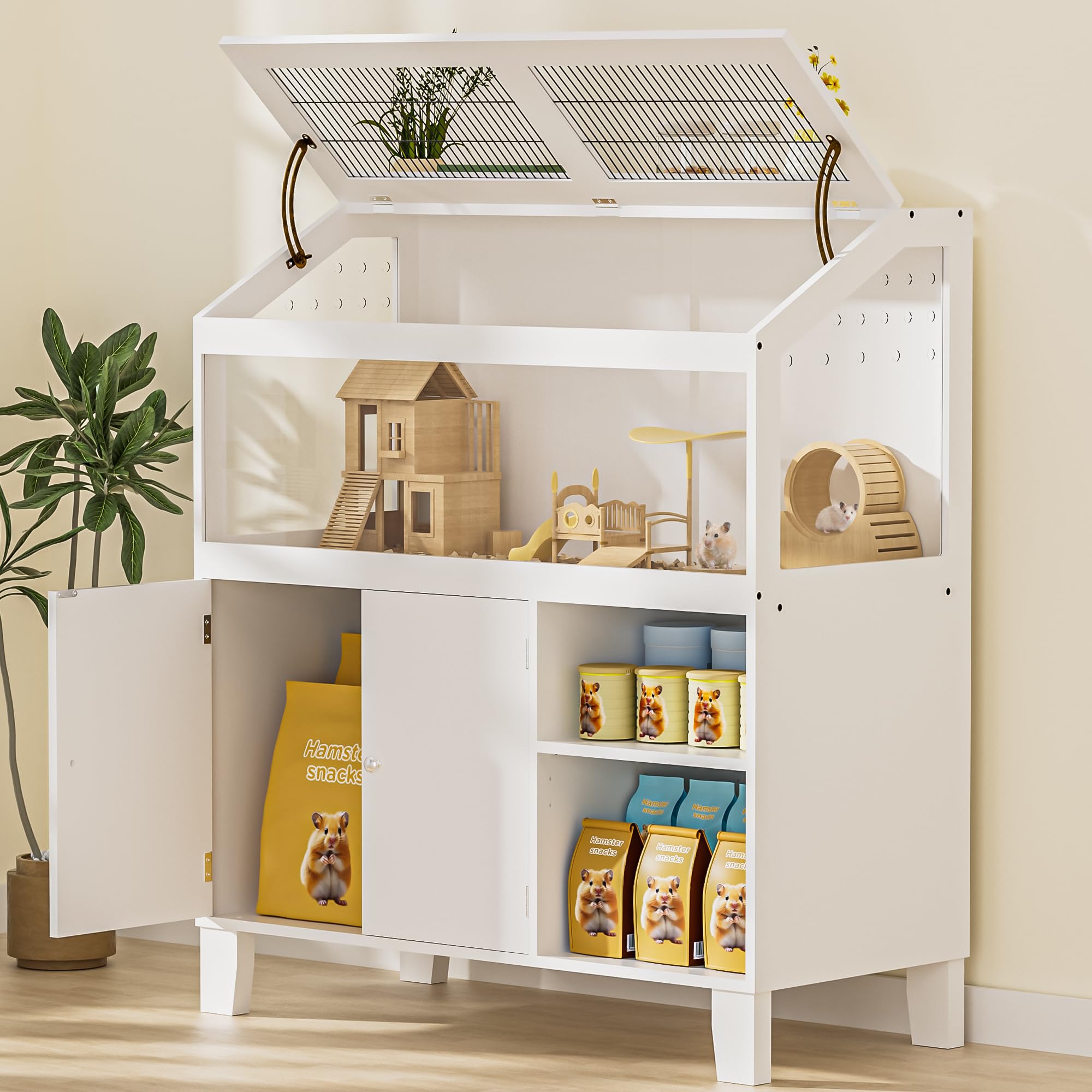 Hamster Cage, Large Hamster Cage with Storage Cabinet, Large Habitat with Easy View Acrylic Panels, Wooden Small Animal Cages for Guinea Pigs, Rabbits, Gerbils, Hedgehogs, White