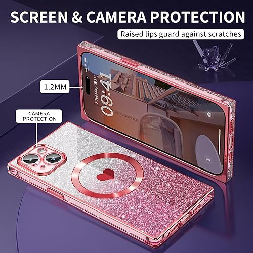 Miniatura 4 de Funda magnética cuadrada para iPhone 15 Plus compatible con MagSafe protección completa de la lente, patrón de corazón lindo y cubierta brillante