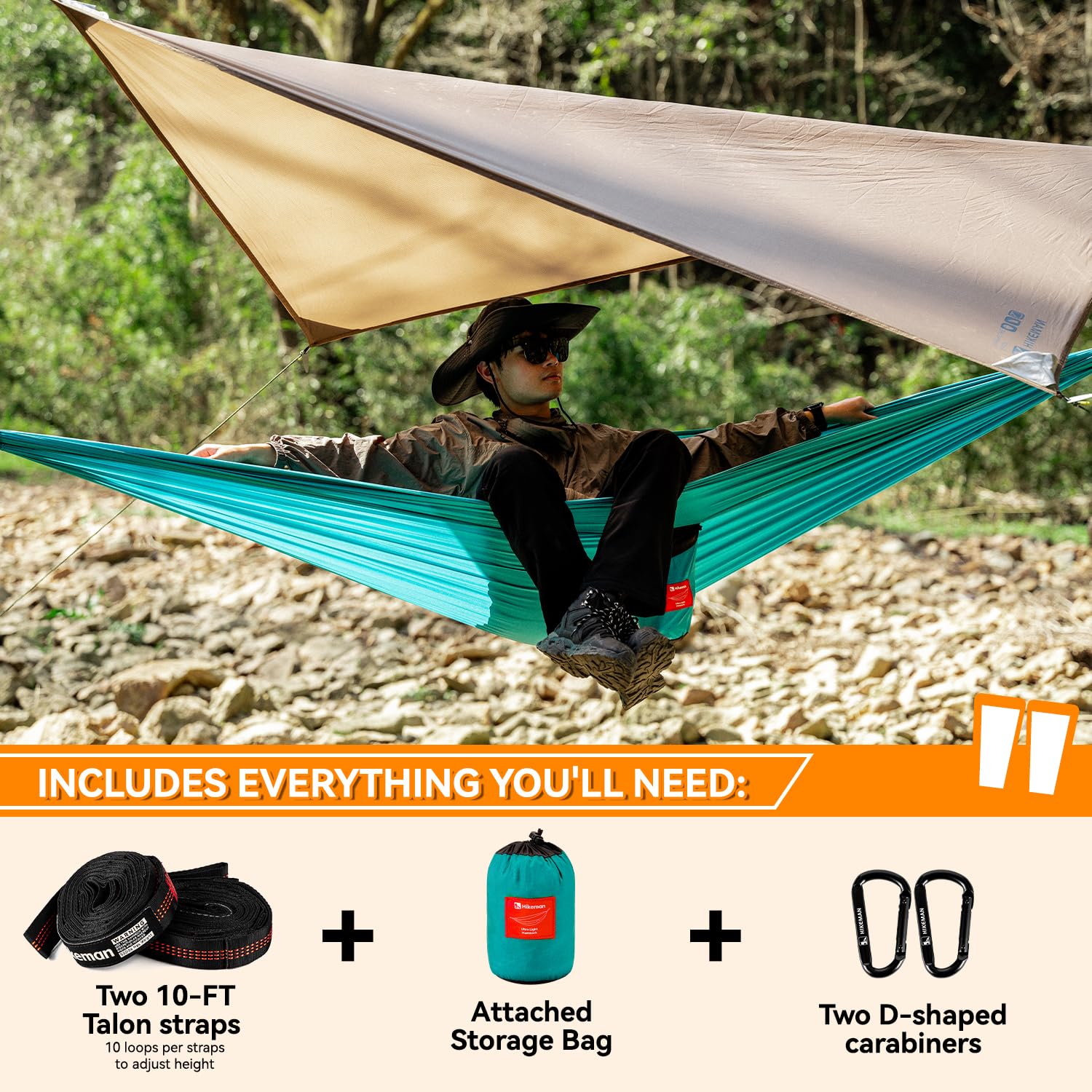 Hamac de camping ultraléger – Hamac de voyage portable avec deux sangles d'arbre, 270 x 145 cm pour camping, randonnée, pique-nique, jardin, plage (bleu)