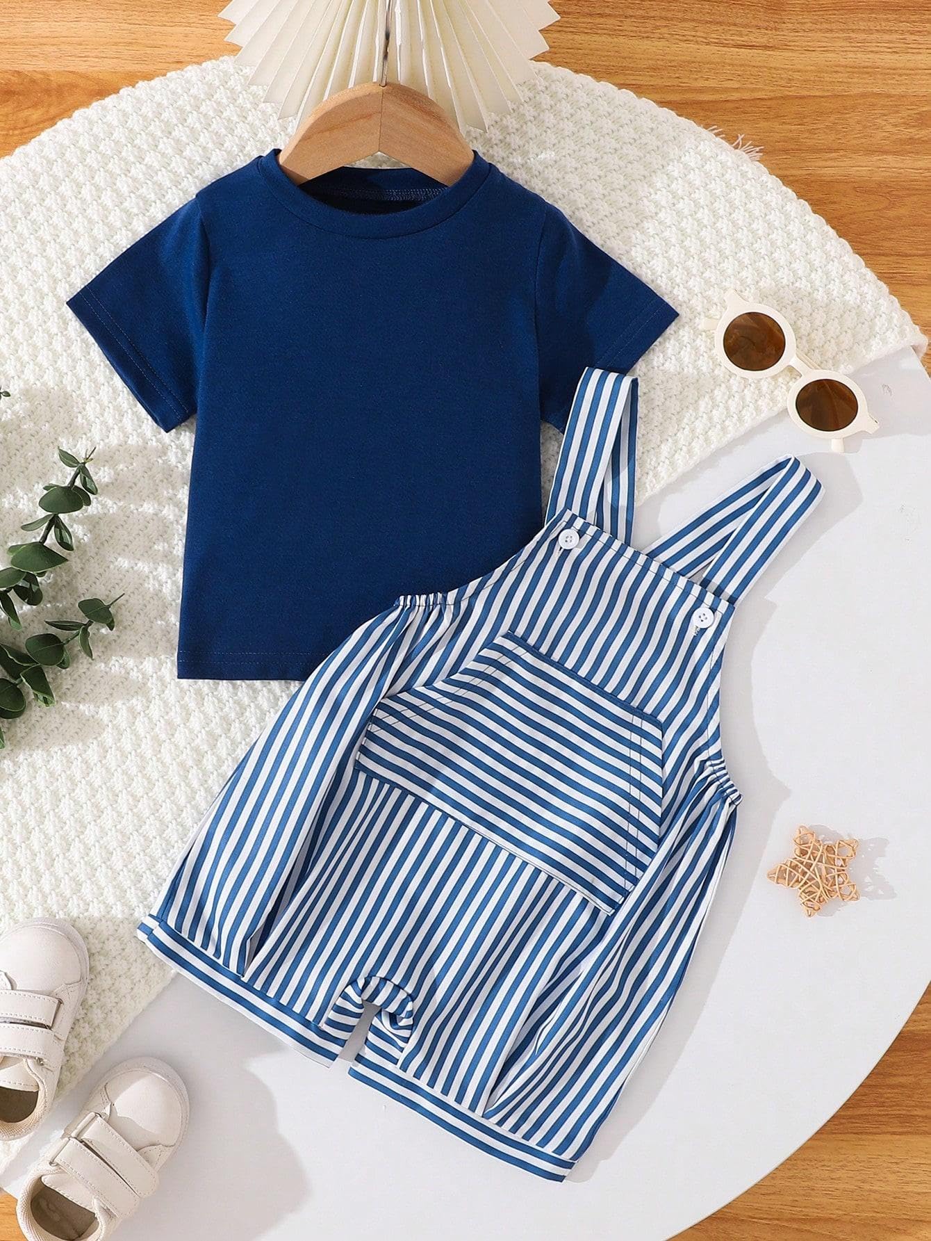 Mameluco de 2 piezas para niños pequeños con bolsillo a rayas con camiseta, color azul — view 3
