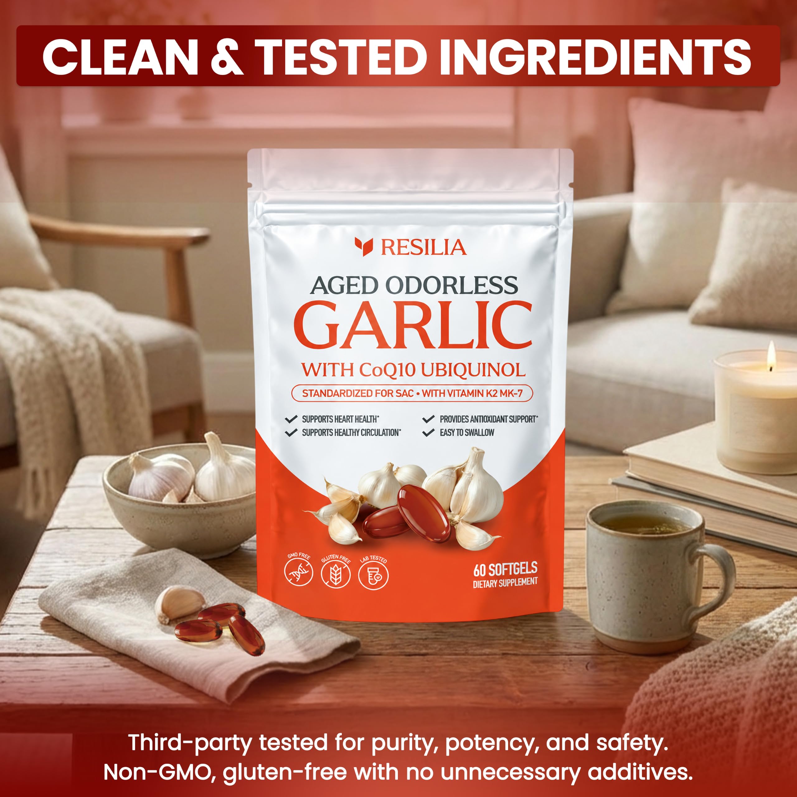Resilia Odorless Aged Garlic Softgels (120 Count) | 600mg Aged Garlic Per Serving | with CoQ10 Ubiquinol & Vitamin K2 (MK-7) | Dietary Supplement — Amazon image 8