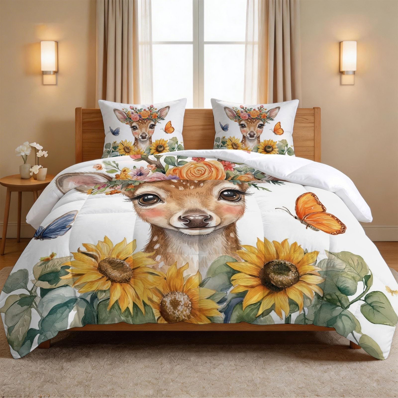 Piumino Animale Giraffa Girasole Stampato 2 Persone Reversibile 200 x 200 cm, morbido piumino 4 stagioni senza copripiumino, anallergico lavabile Cartoon floreale modello per bambini adolescenti