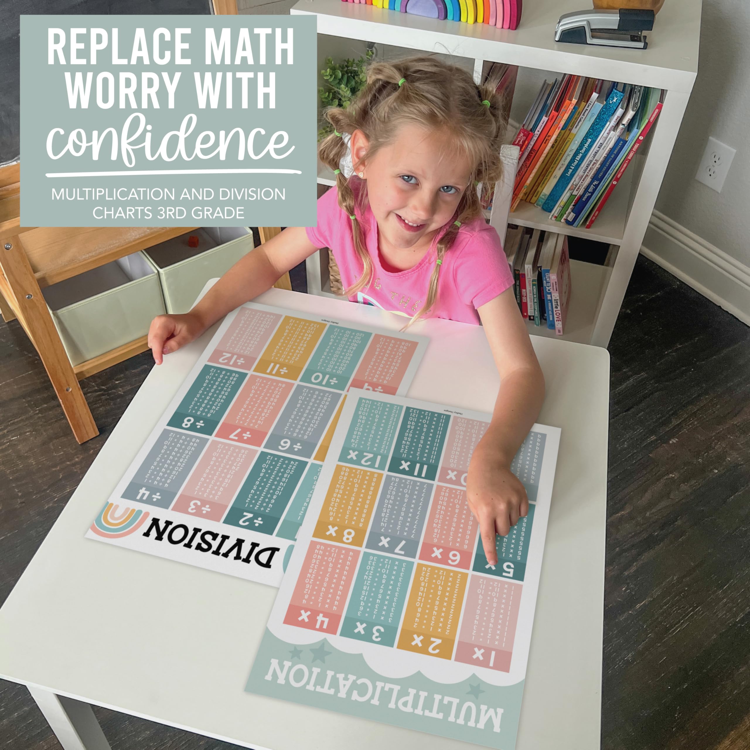 2 Large Multiplication and Division Posters for Wall - Multiplication Chart Poster & Times Table chart, Division Table & Math Poster, Classroom and Kids Learning Decor, Boho Classroom Decor - Image 8