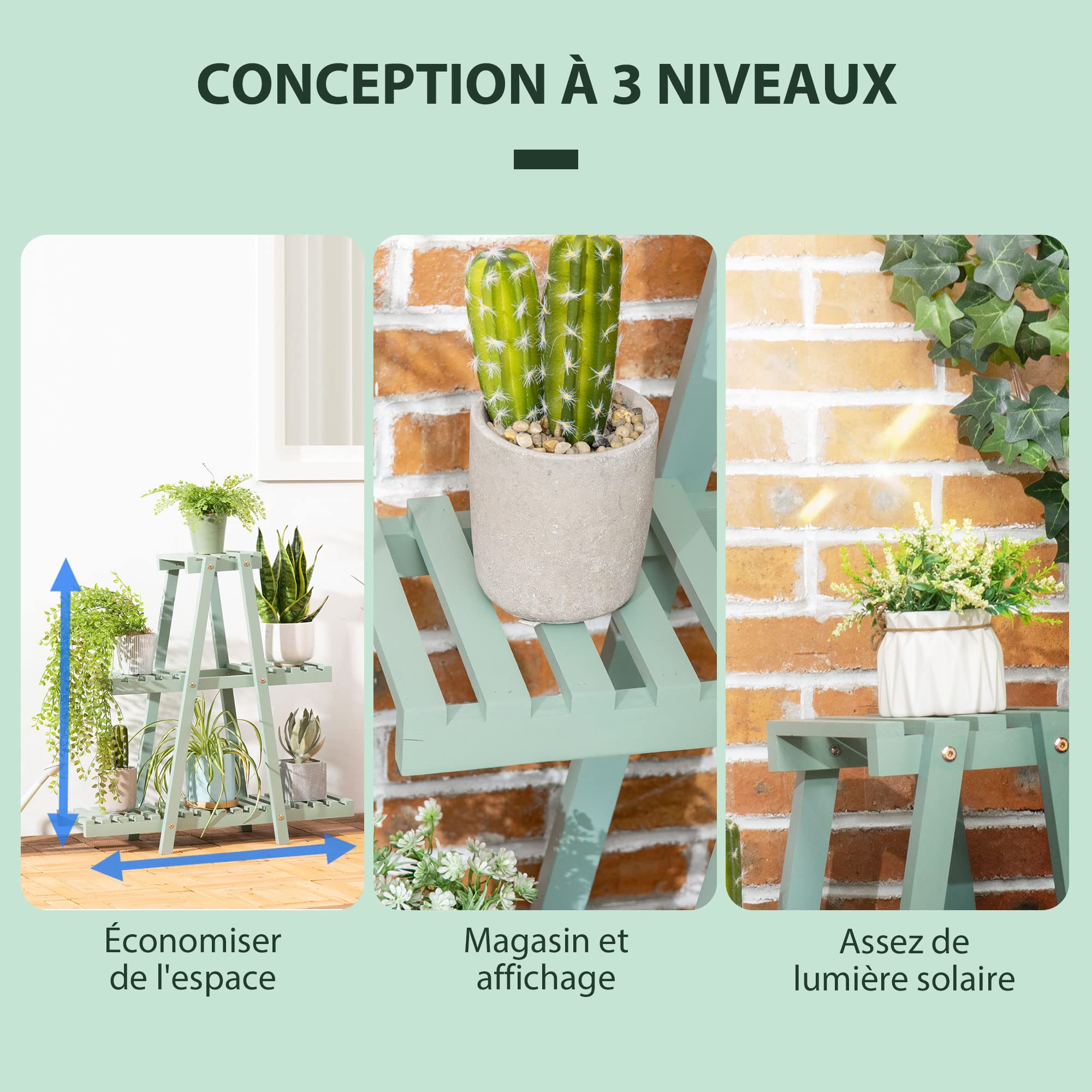 Outsunny Étagère à plantes en bois étagère à fleurs support de pots de fleurs 3 niveaux de rangement - 76 x 26 x 76 cm - vert