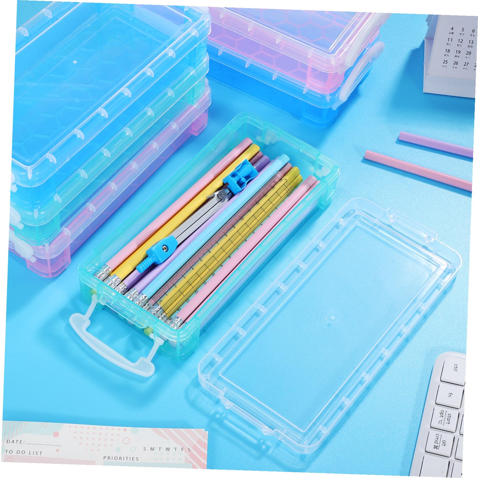 WOONEKY Caja de Lápices Transparente Gran Capacidad de Plástico, 6 Piezas