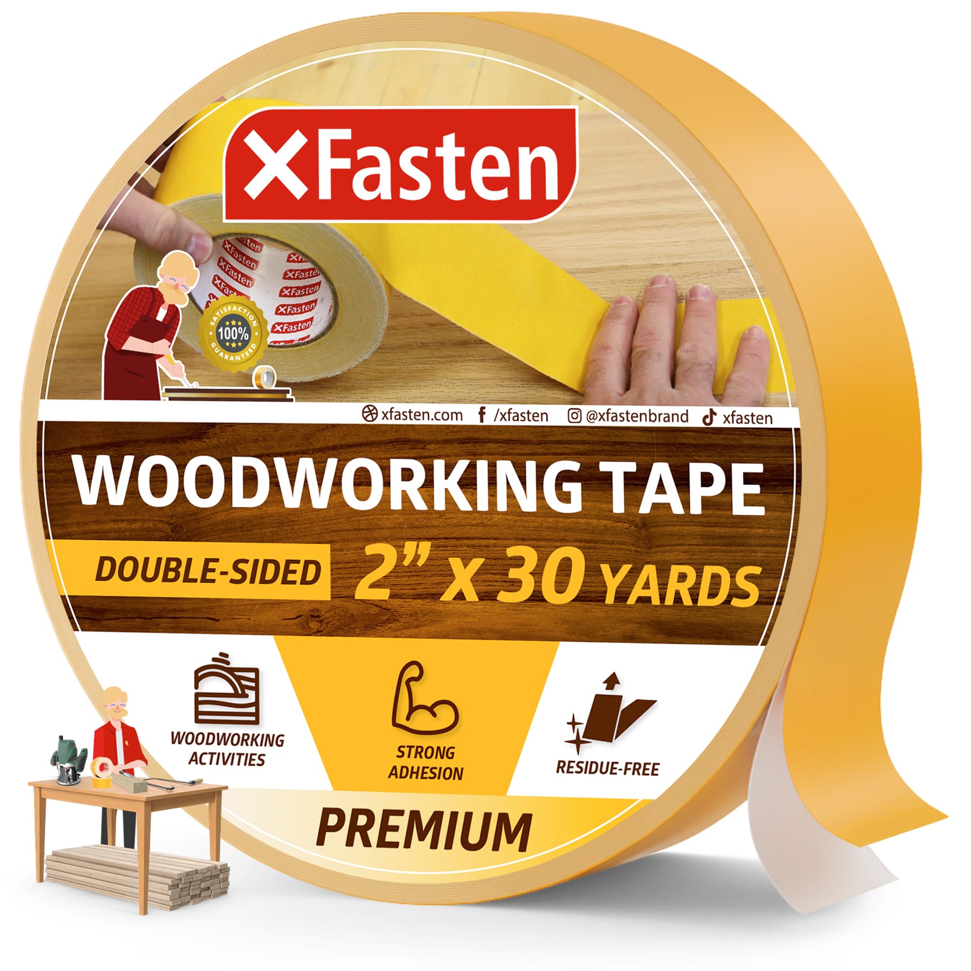XFasten Double Sided Woodworking Tape 2 Inch x 90 Feet, Heavy Duty Residue-Free Double Sided Masking Tape for Router Templates, High Speed CNC Router,