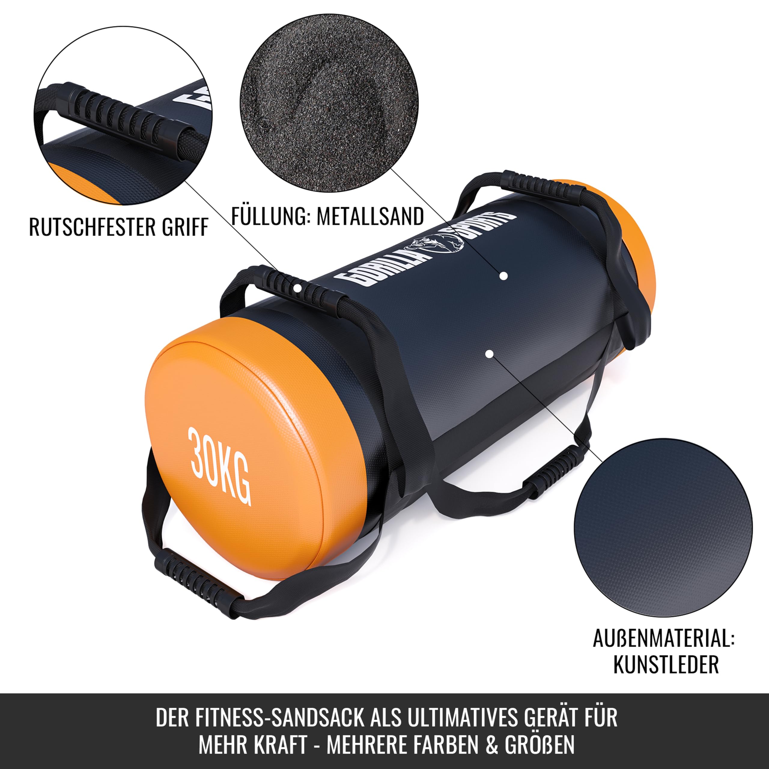 Gorilla Sports® Sacco di Sabbia - Riempimento, 5kg, 10kg, 15kg, 20kg, 25kg, 30kg Peso, Imbottito - Fitness Sandbag, Sacca per Allenamento, Power Bag, Sollevamento, Migliorare Equilibrio e Forza