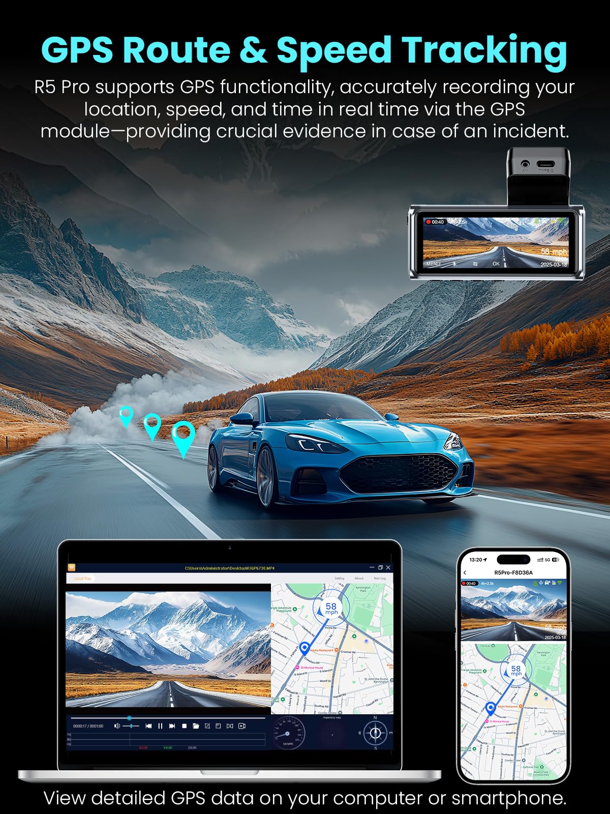 R5 Pro Dash Cam 4K/2.5K per Auto, Telecamera Doppia Anteriore e Posteriore, WiFi 5GHz, GPS, SD 128GB Inclusa, Schermo IPS 3.16", Parcheggio 24H, Visione Notturna, G-Sensor, 256GB Max