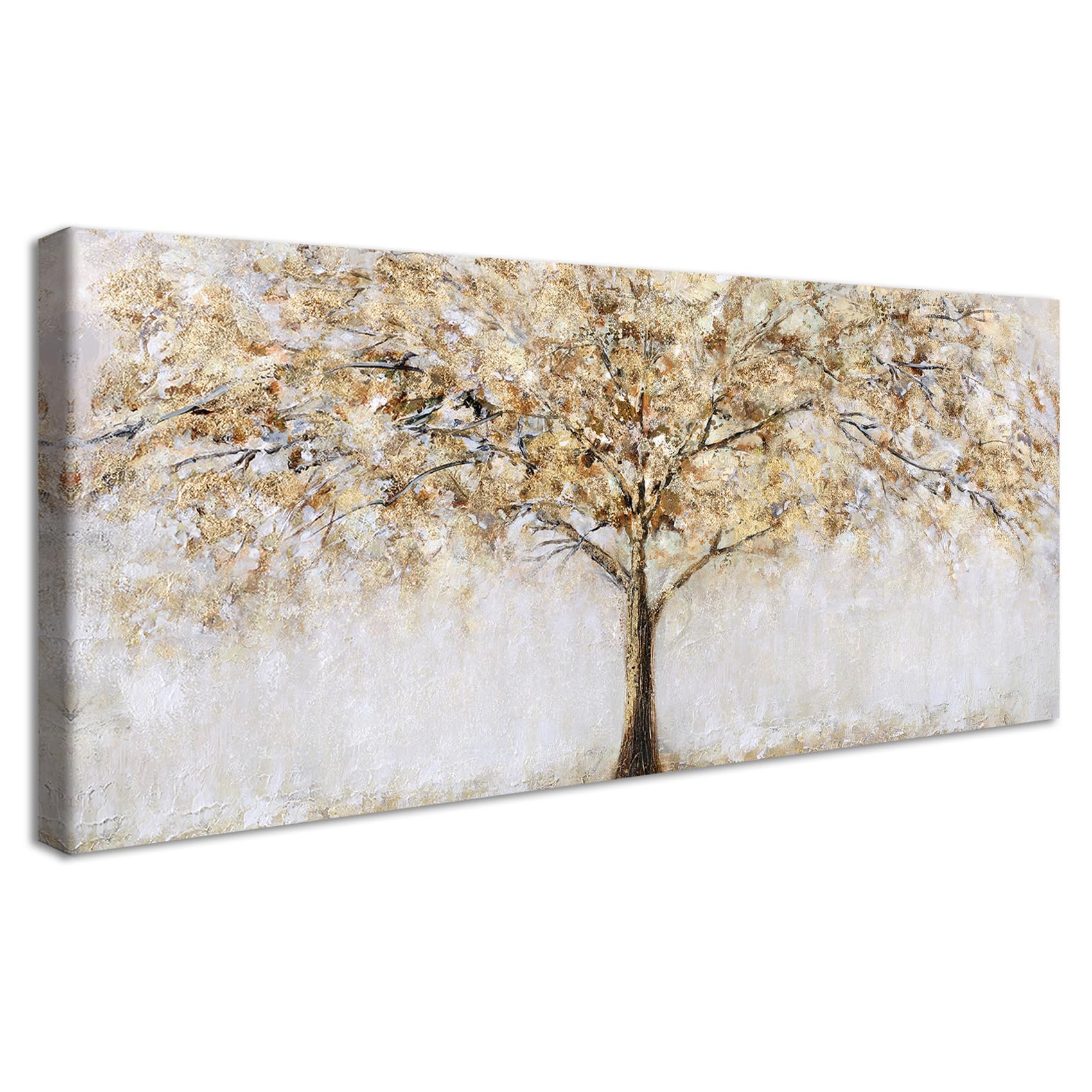 Wooden Framed Large Canvas Wall Art Shining Tree of Life Painting on Canvas Prints Morden Wall Artwork Beige Gold Abstract Landscape Pictures for Living Room Bedroom Home Office Decoration 50x120cm