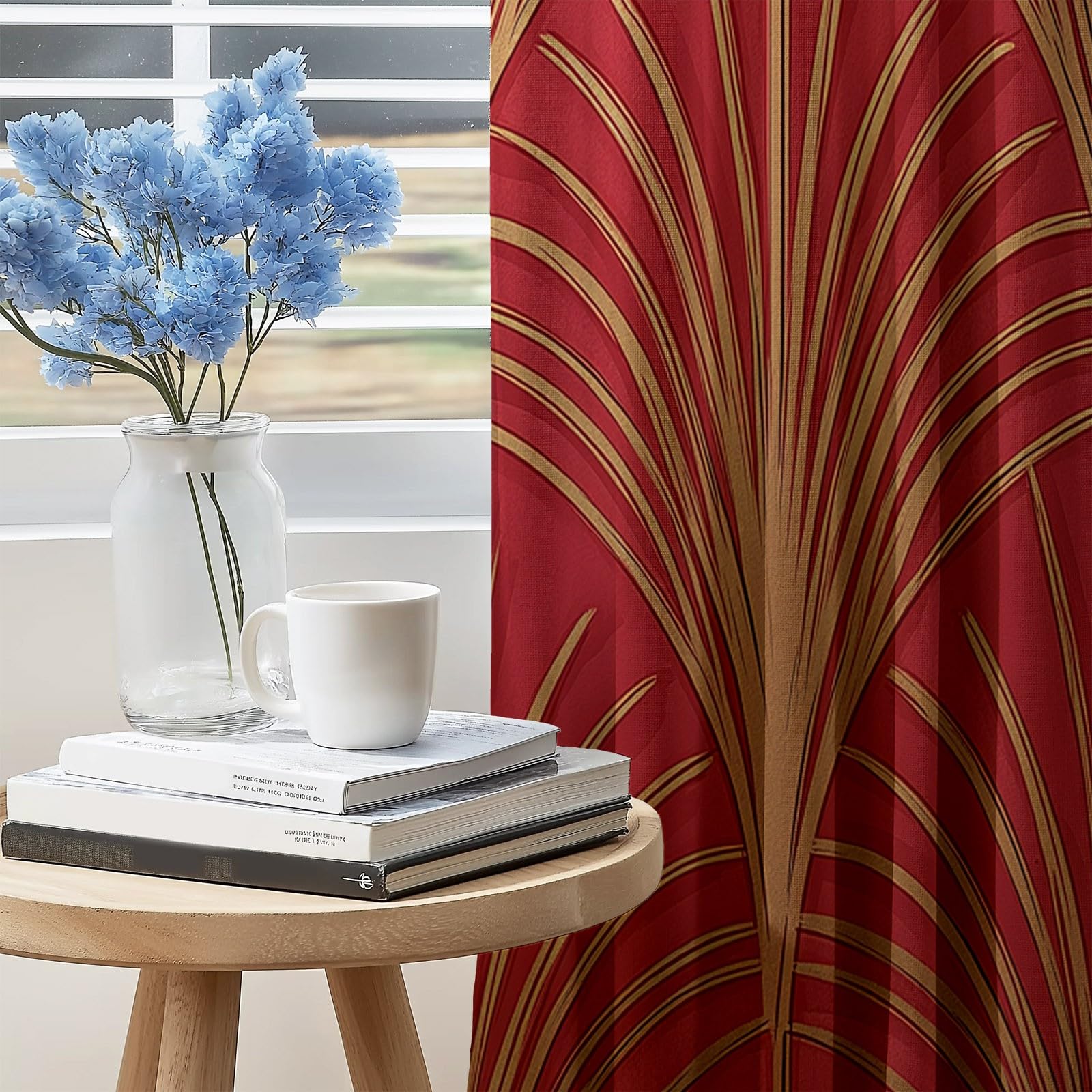 Éventail Élégant Et Luxueux Géométrique Rideaux Longs 140L X 260H cm (2 Panneaux), Tissu Occultant Thermique pour Baie Vitrée, Rouge Or