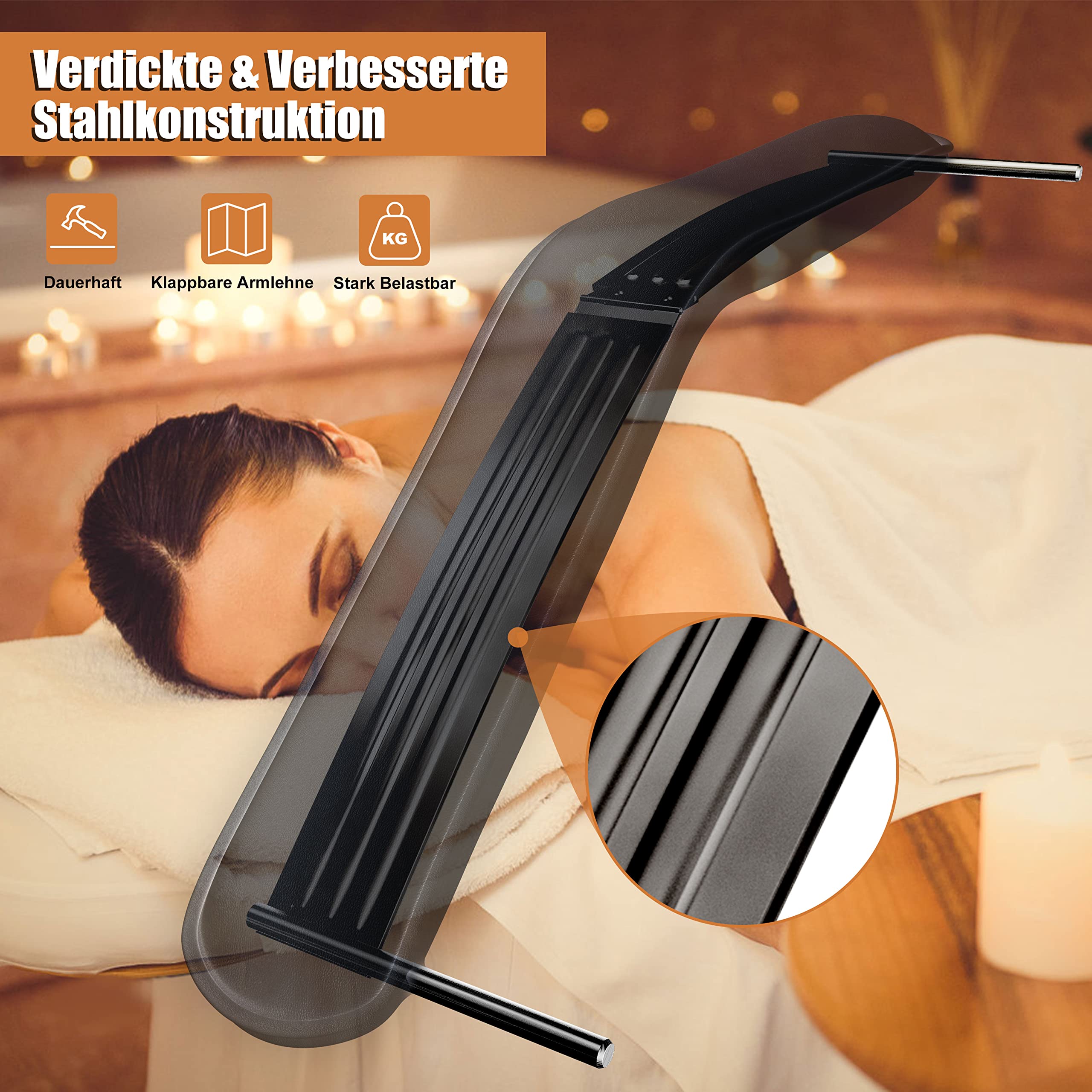 KEEPREAPER Massageliege Kosmetikliege klappbar & höhenverstellbar 3 Zonen mit Kosmetikhocker 78cm Breit Massagebett aus PU-Leder belastbar bis 270kg, Schwarz