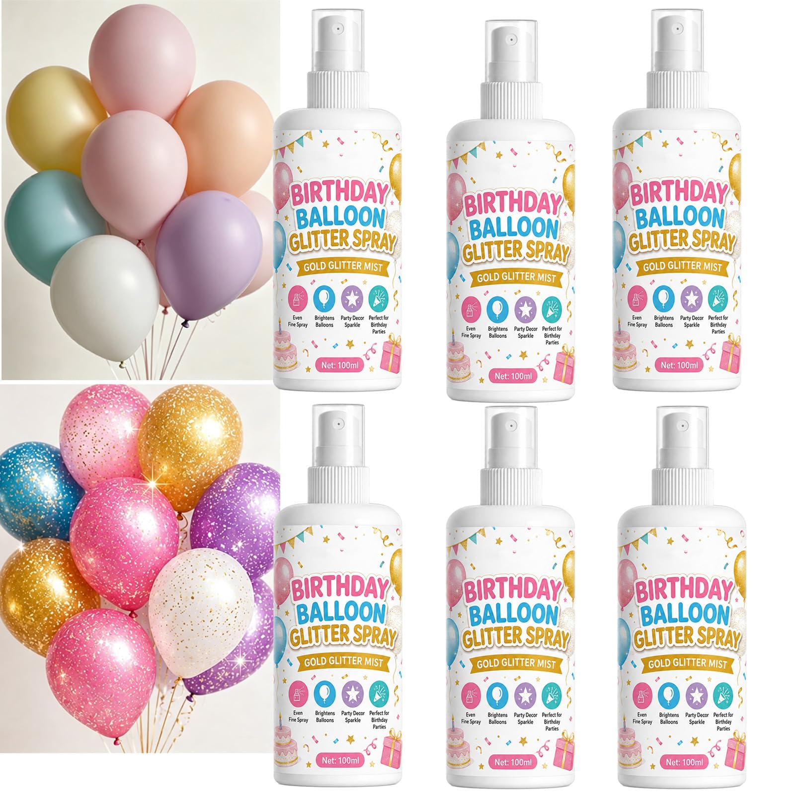 Spray glitter oro per palloncini con polvere scintillante lucida, nebbia scintillante istantanea con brillantini dorati per decorazioni per feste, spray brillante fine per palloncini (6pcs)
