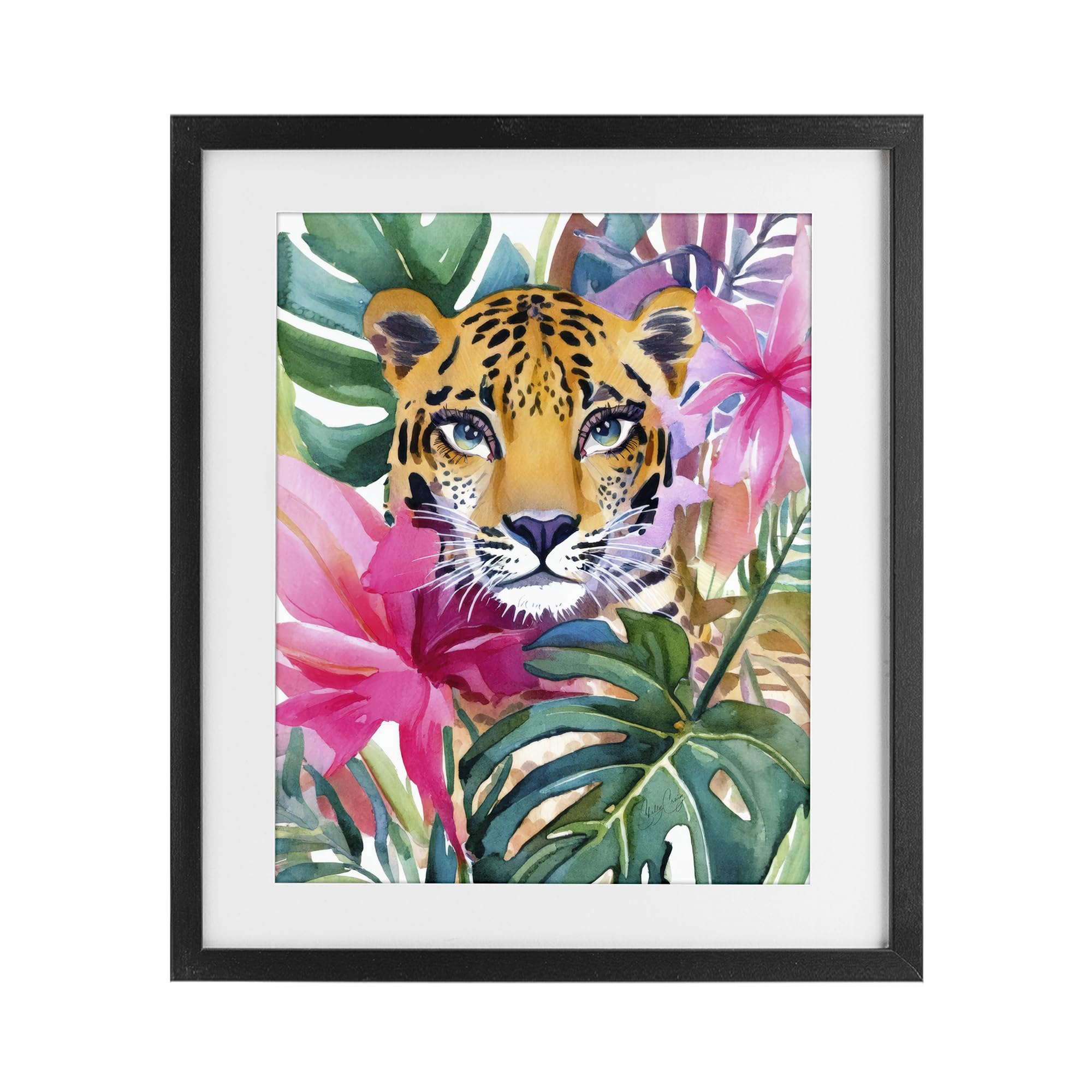 Stupell Industries Midnight Black (Textured) 'Tropical Tiger Peeking', Framed Print Under Glass, Black, 17 X 21 Inches, Easy To Hang And Sturdy, Made In Usa, By Shelly Craig