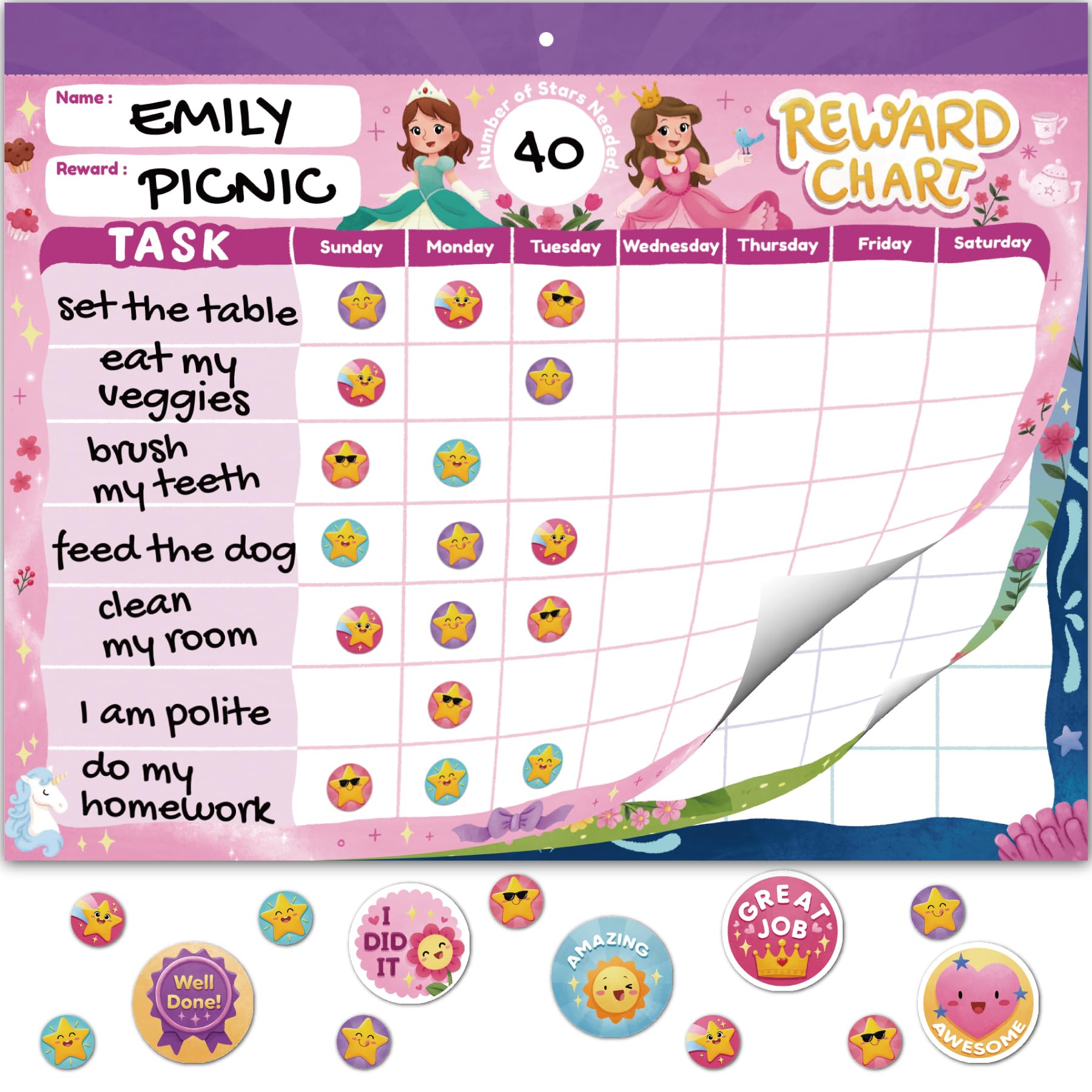 Gooji Princess Reward Chart for Kids - Motivational Chore Chart for Kids, Behavior Chart for Kids at Home, Sticker Chart - Perfect for Encouraging
