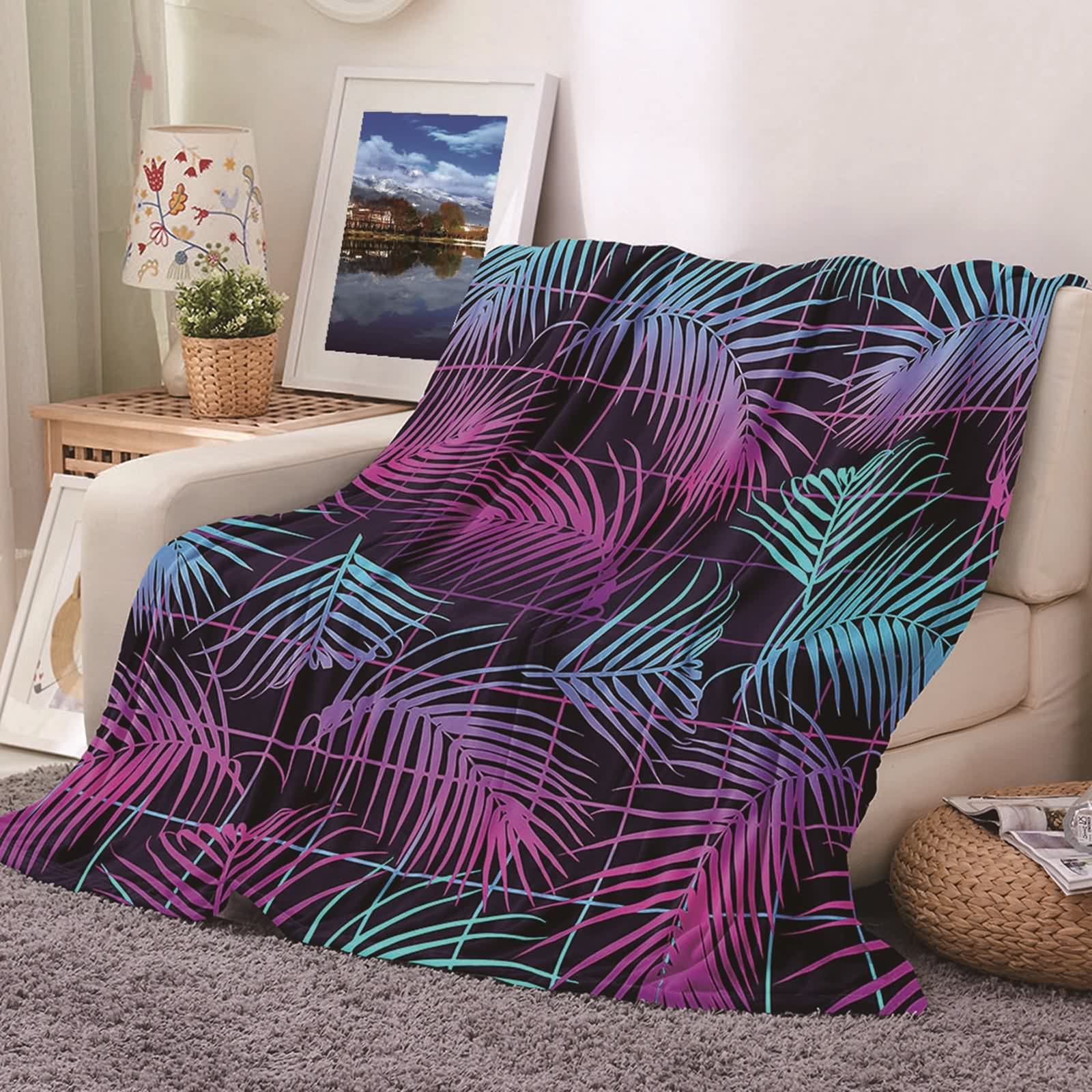 Couverture Polaire en Flannel KnSam 80x120cm Motif Feuilles de Palmier Multicolore