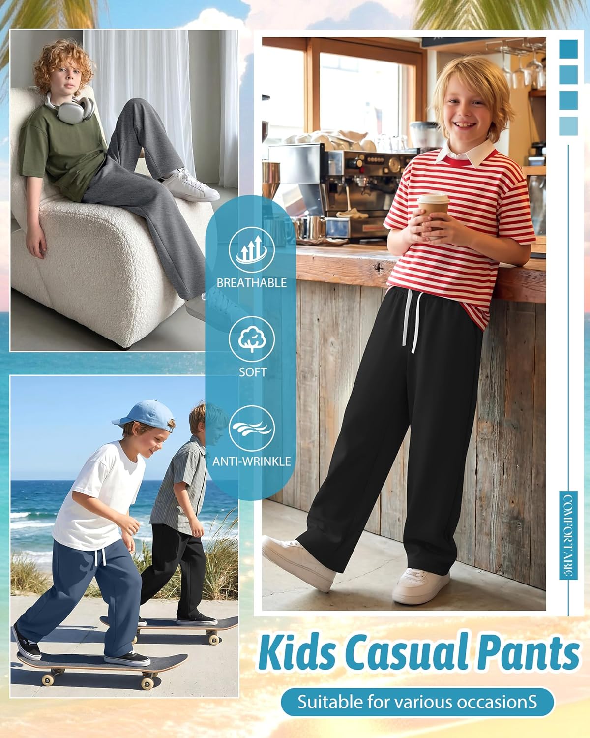 3 Pack Boys Sweatpants Kids Casual Open Bottom Pants Teen Straight Leg Athletic Drawstring Joggers with Pockets - Image 3