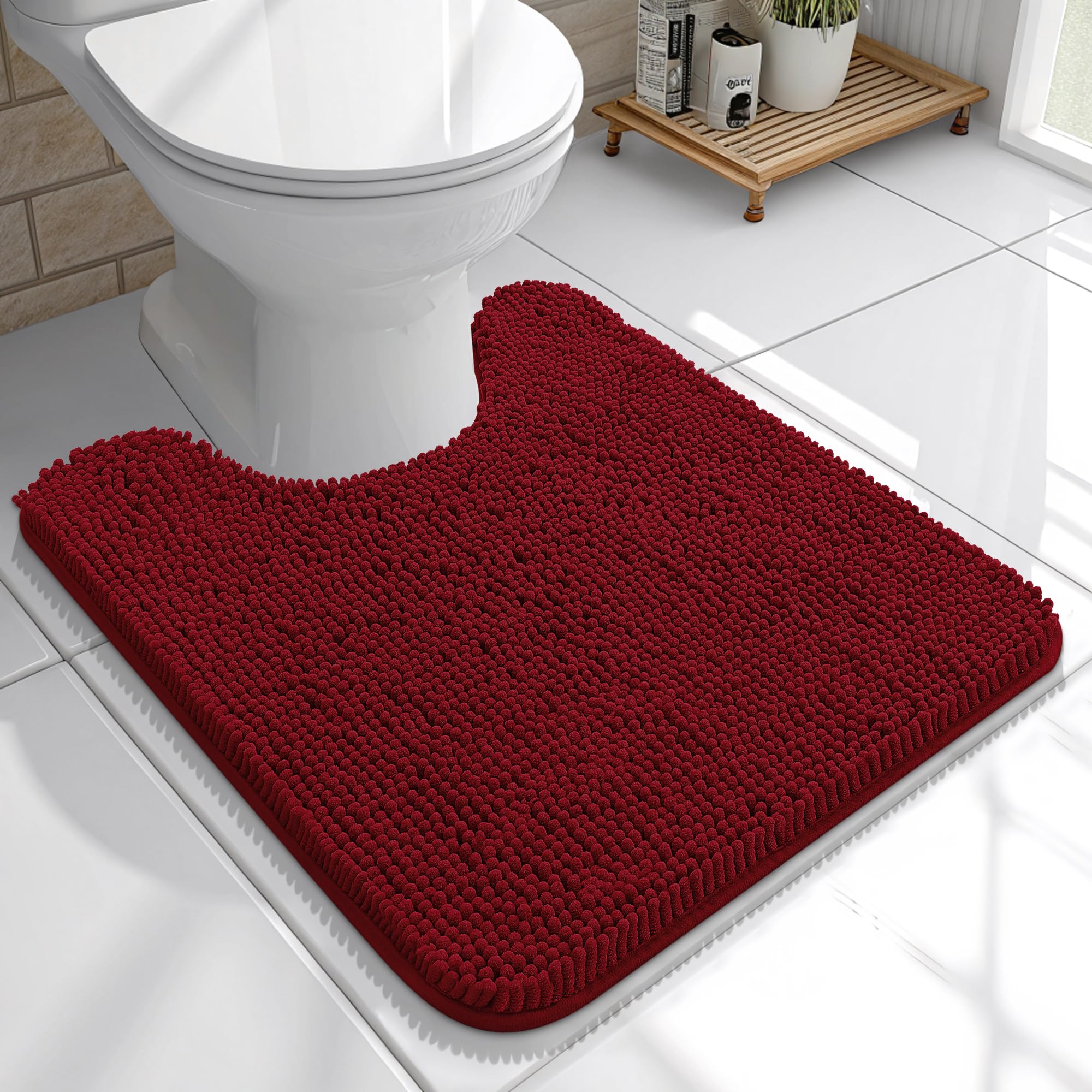 OLANLY Toilet Rugs U-Shaped 20x20, Soft Absorbent Chenille Contour Rugs | Red, Quick-Drying Rubber Backing, Machine Washable Non-Slip Shaggy Bathroom Mat for Toilet, Home Decor Accessories