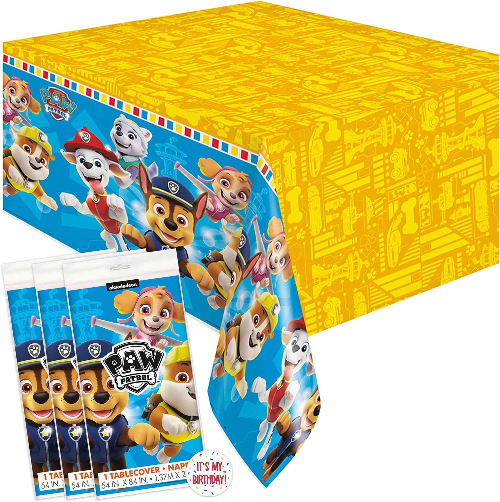 Paw Patrol Birthday Decorations - Rectangular Plastic Tablecloth (Pack of 3) & Sticker