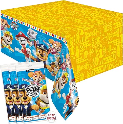 Unique Paw Patrol - Decoraciones de cumpleaños – Mantel rectangular de plástico (paquete de 3) y calcomanía