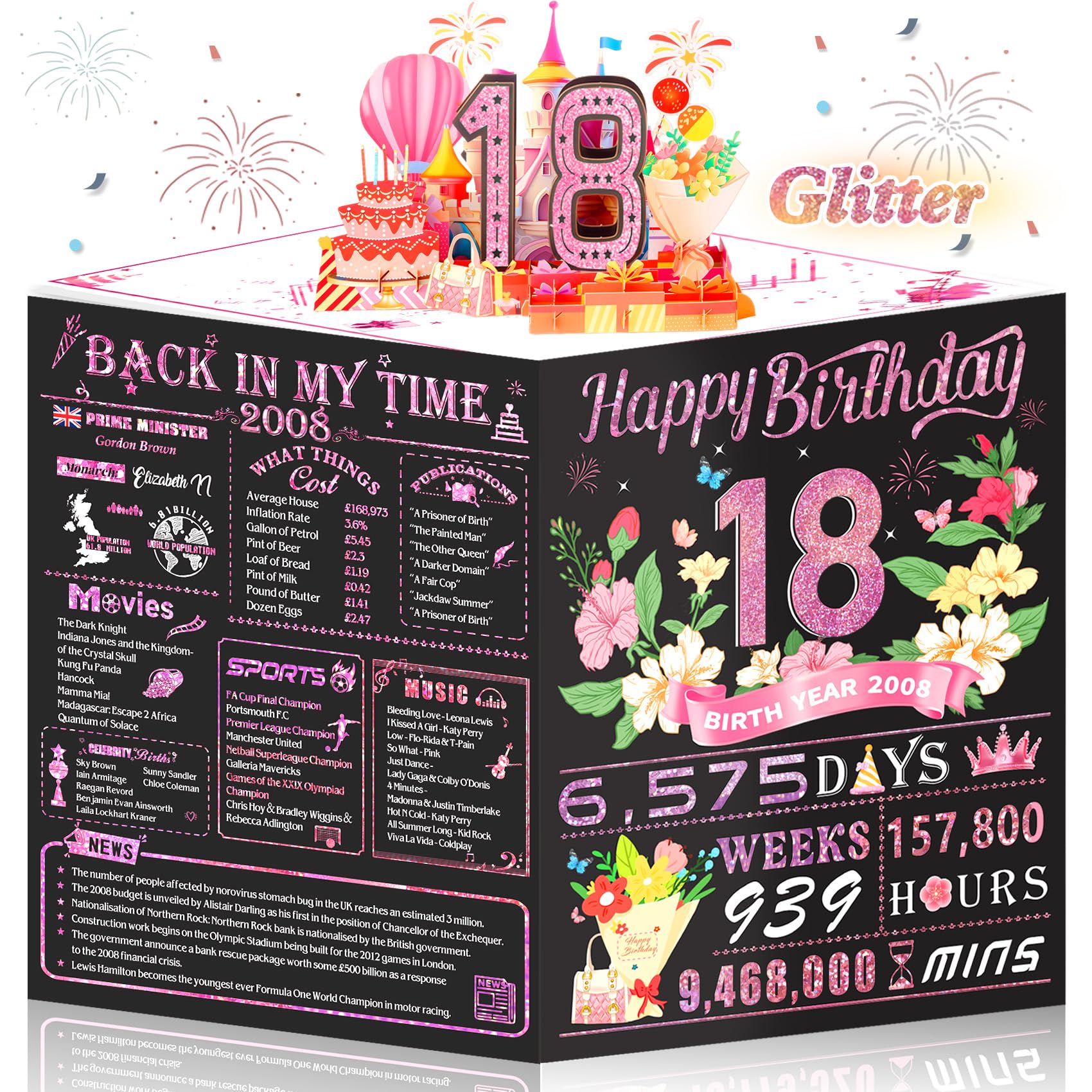 Awrmoo 18th Birthday Cards for Girl Her, 3D Pop Up 18th Birthday Card Gifts for Daughter, Back In 2008 Rose Gold 18 Year Old Birthday Decorations Ideas for Granddaughter Niece Friends Sister Bestie