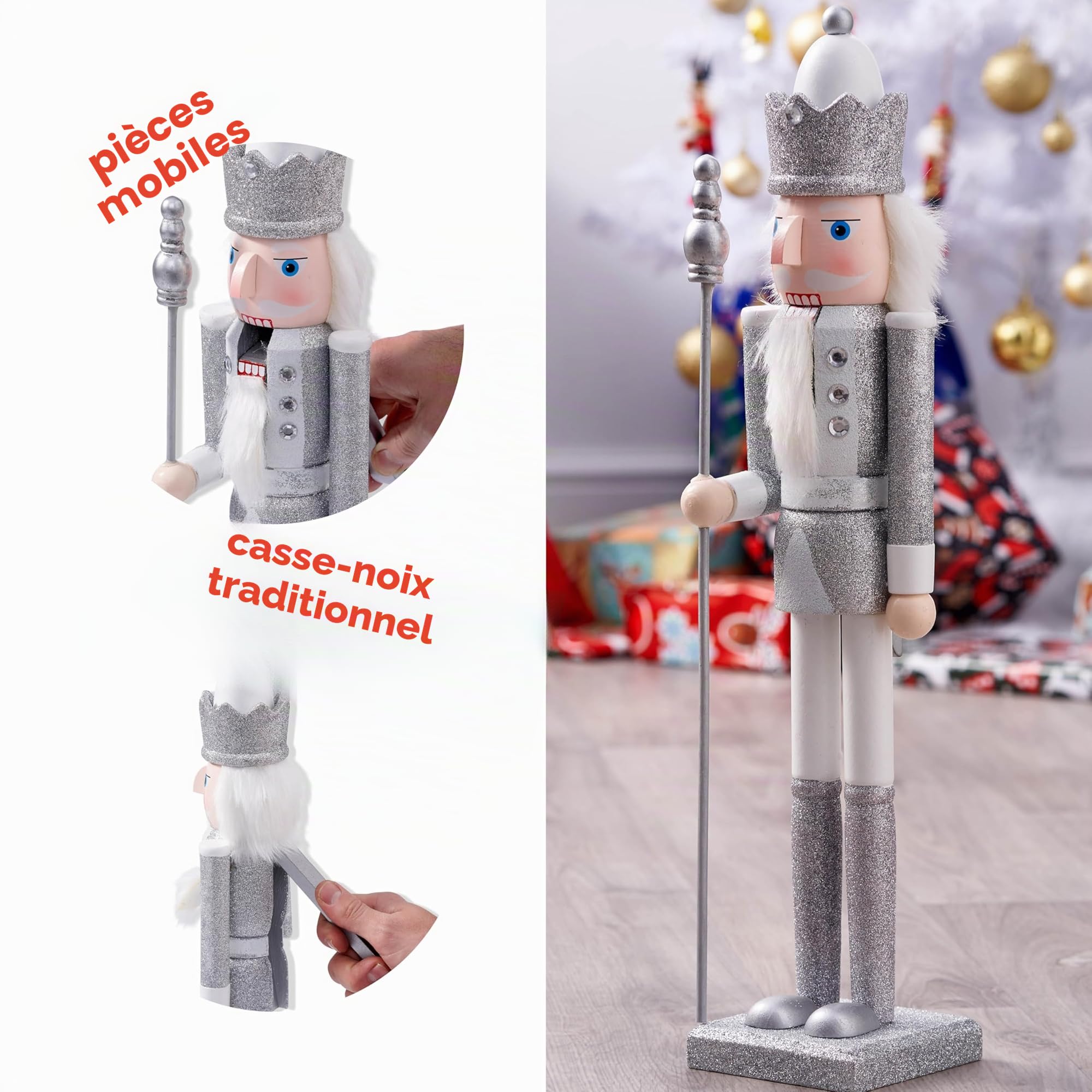 THE TWIDDLERS Grand Soldat Casse-Noisette de Noël avec Support, XL 50cm - Matériau de Pin & de Bois Fait à la Main de Qualité Supérieure - Déco de Noël Traditionnelle - Blanc & Argent