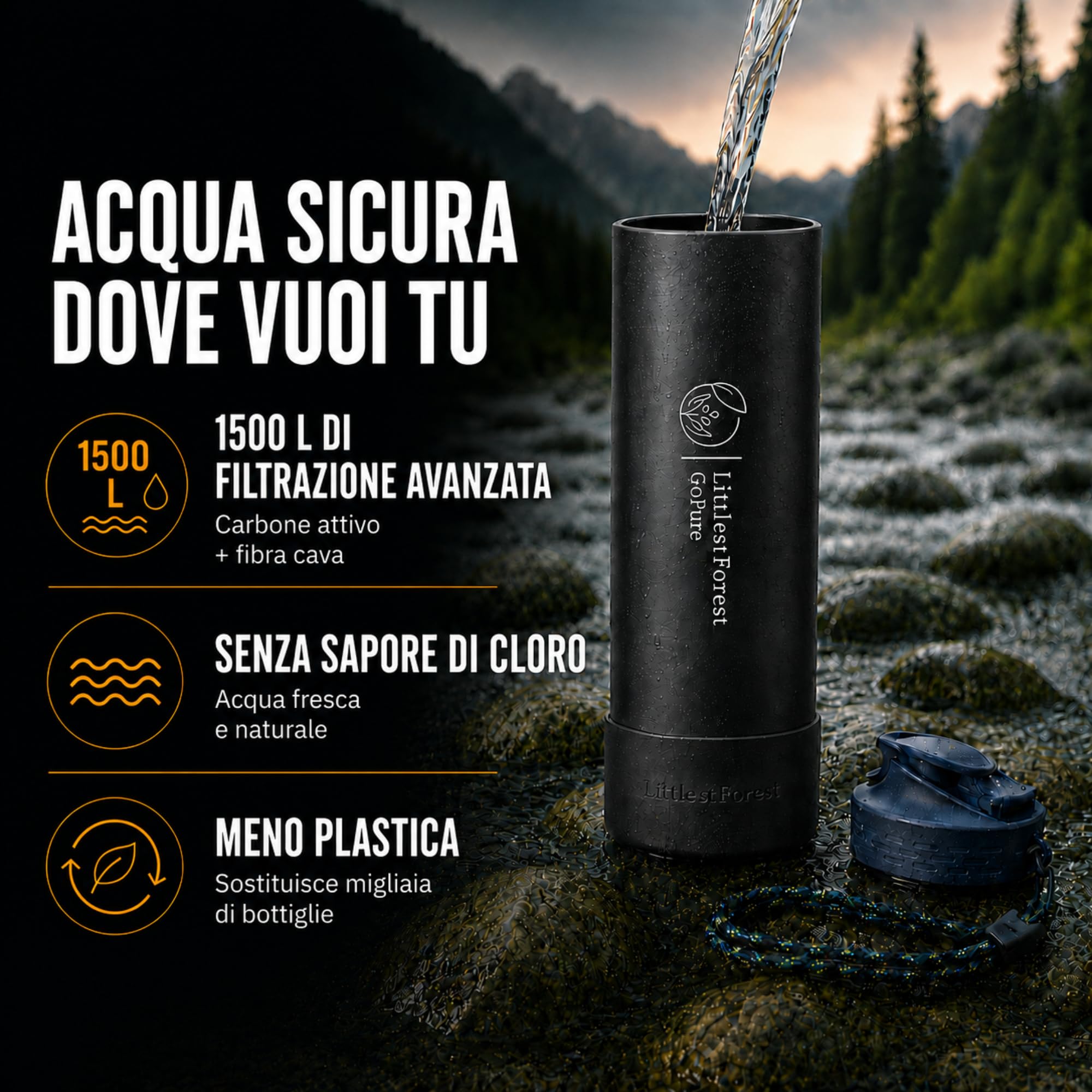 GoPure Borraccia Filtrante 800ml 1500L Trekking Senza BPA