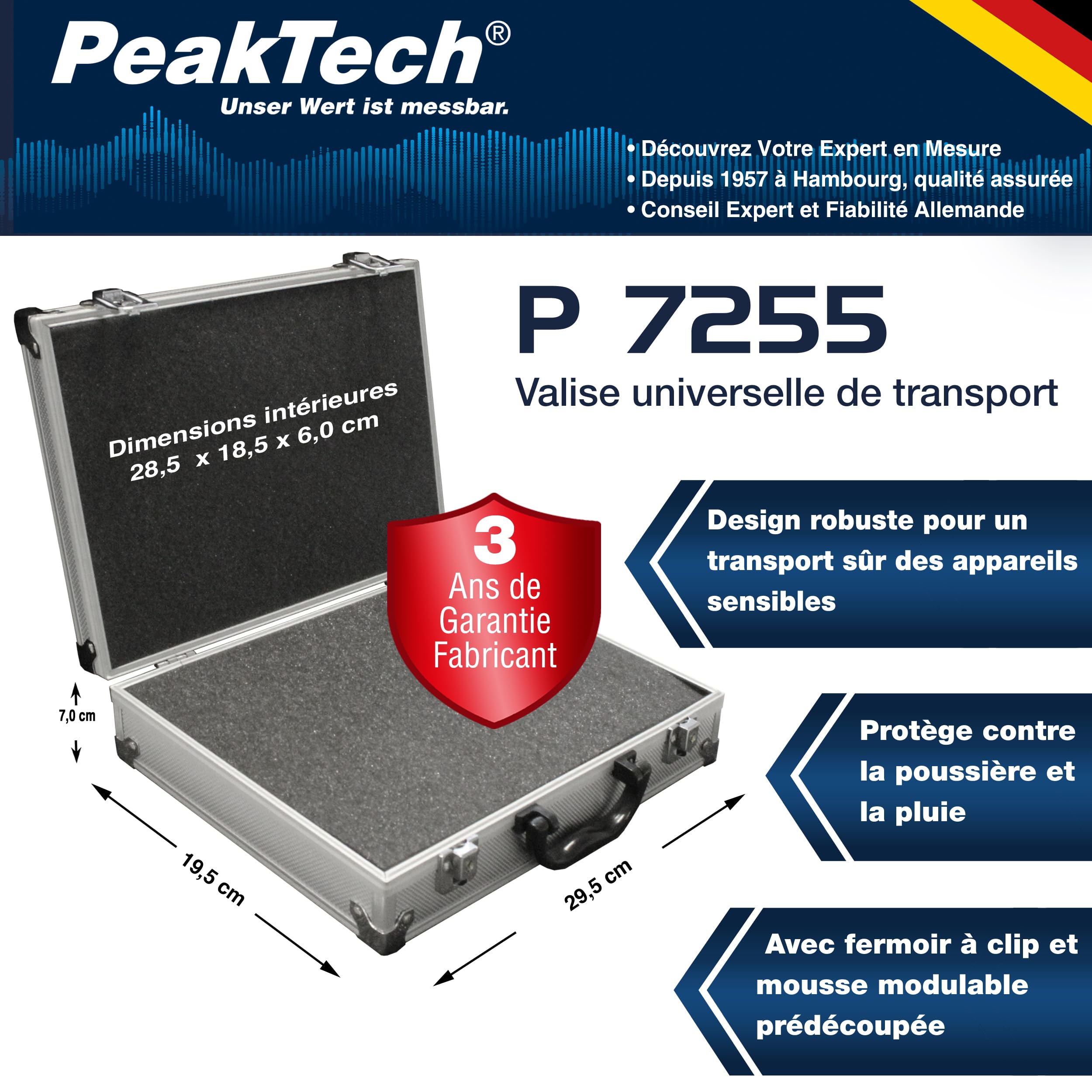 PeakTech 7255 – Mallette Universelle pour Instruments de Mesure, Mallette Robuste en Aluminium, Compartiment à Outils, Rembourrage en Mousse, Verrouillable, Anti-Poussière, M - 295 x 195 x 70 mm