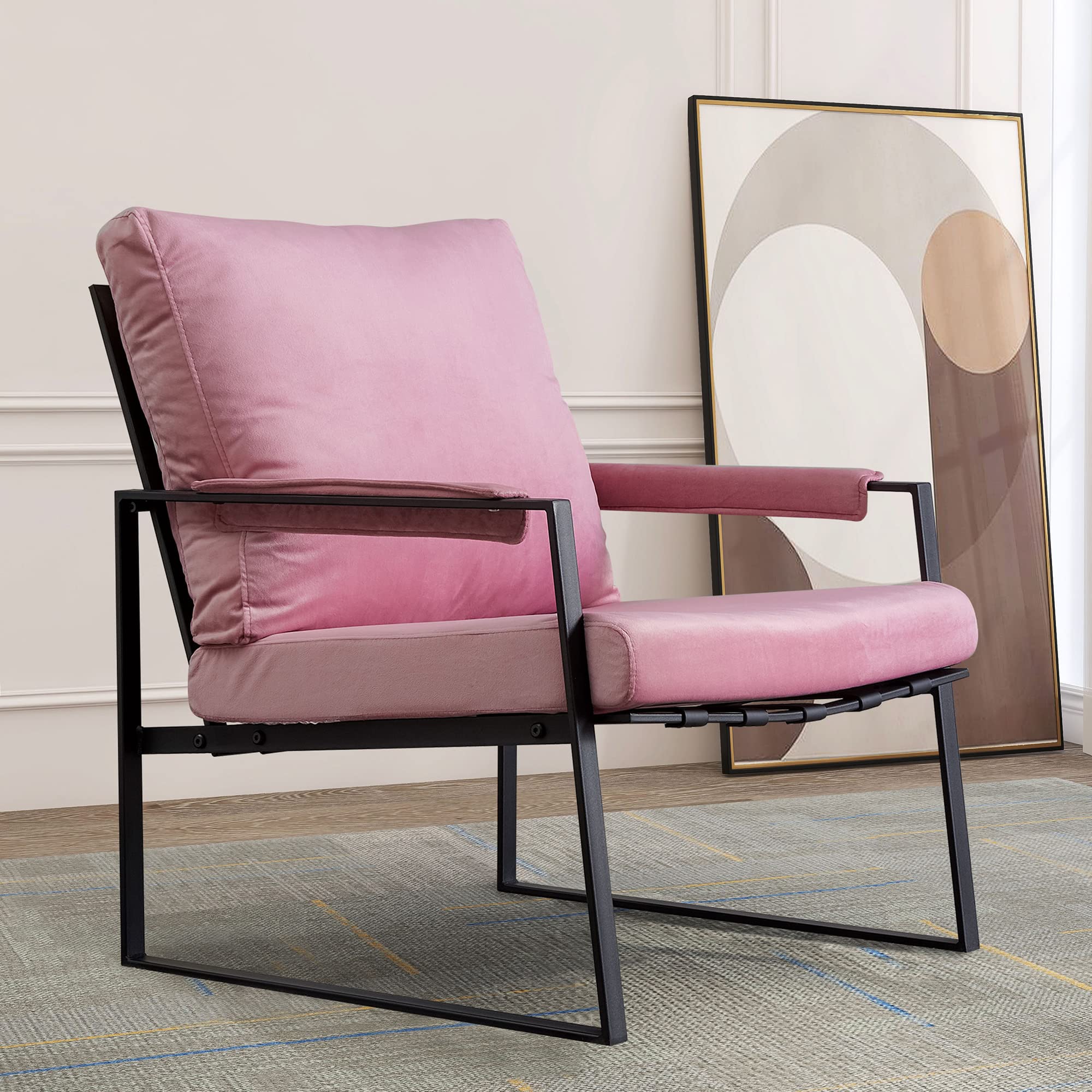 Arm Chair Mid Century Recliner Chair with Padded Seat, Pink Living Room Chair with Metal Frame for R