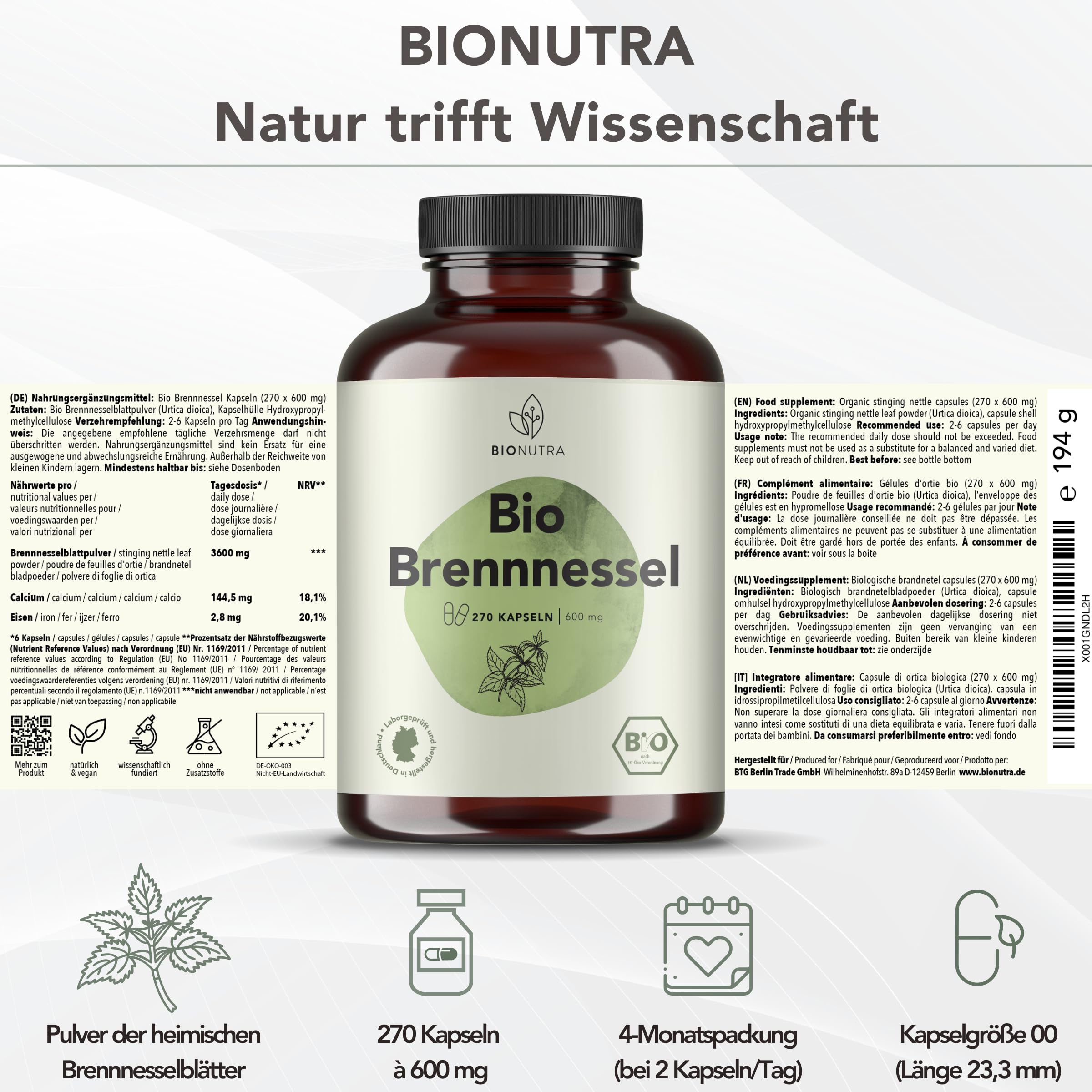 BIONUTRA Bio Brennnessel Kapseln, 270 Stk. à 600 mg, hochdosiert | rückstandskontrolliert, ohne Zusätze, vegan, deutsche Herstellung aus Brennnessel Bio Blattpulver