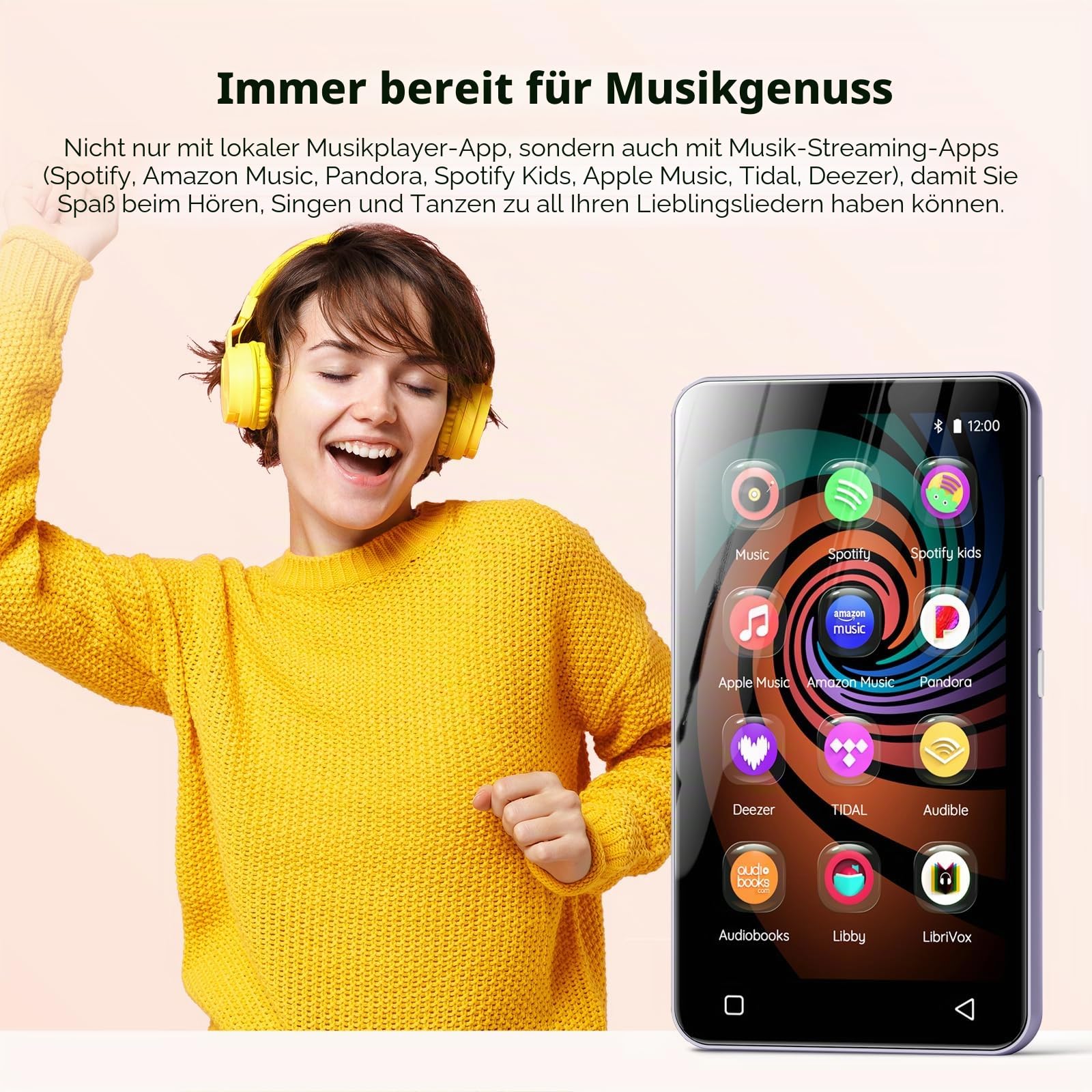 160GB MP3 Player mit Bluetooth und WiFi, innioasis Musik Player mit Spotify, Amazon Music, 4" Touchscreen Android MP4 MP3 Player für Kinder, Audible, Spotify Kinder Lila