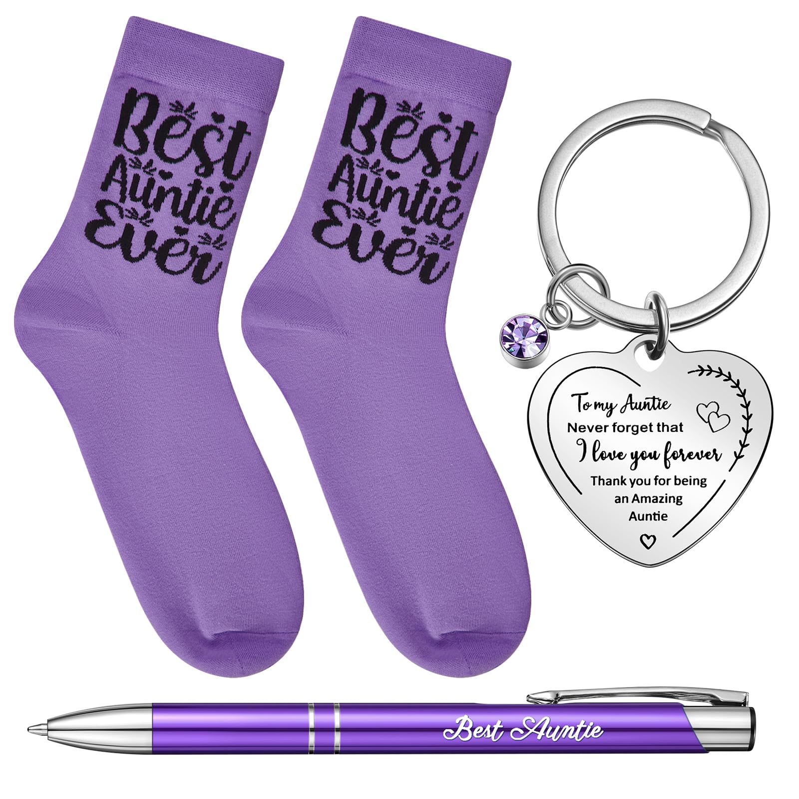 Tenare Auntie Uncle Socks Christmas Birthday Gifts Set Aunt Card Keyring Thank You Pen from Niece Nephew Keychain with Greeting Card Xmas Birthday Presents(Purple,Auntie)