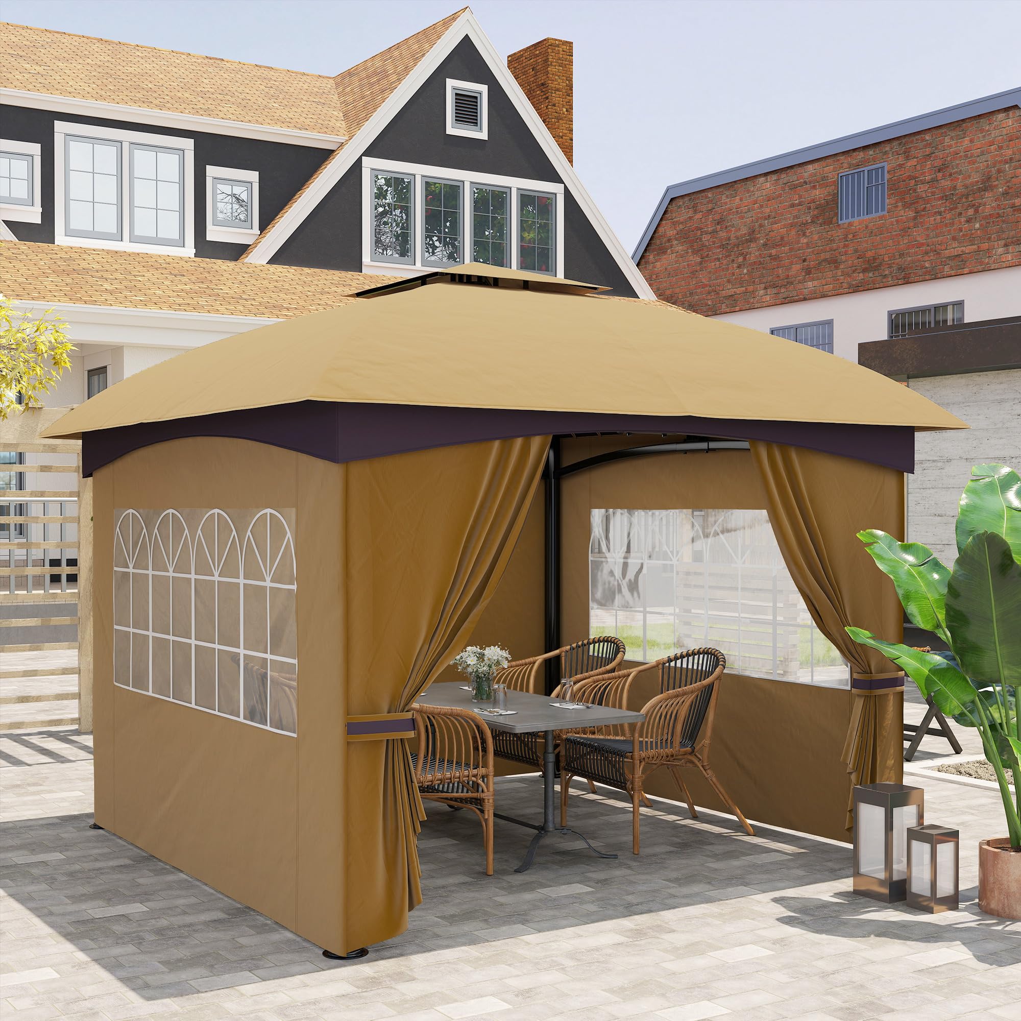 Outsunny Gazebo da Giardino 3.4x3.4 m con Pareti Laterali e Finestre, Gazebo da Esterno Resistente Protezione UV Tenda Tendone Padiglione per Feste con Tetto a 2 Livelli, Struttura in Metallo, Beige