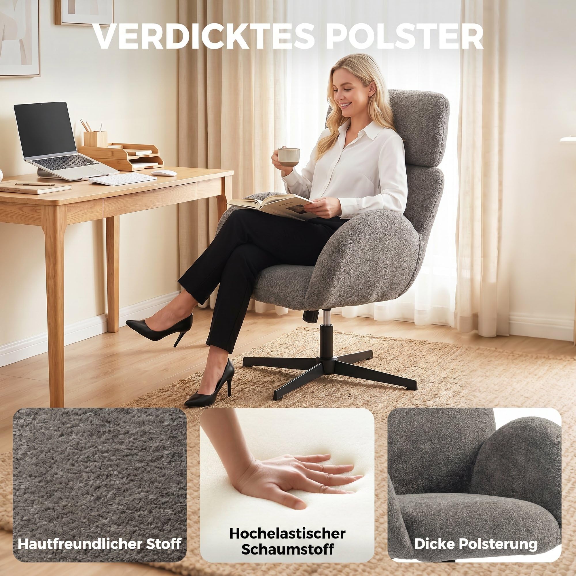 HOMCOM Schreibtischstuhl mit Samtoptik, Verstellbar Kopfstütze, Grau