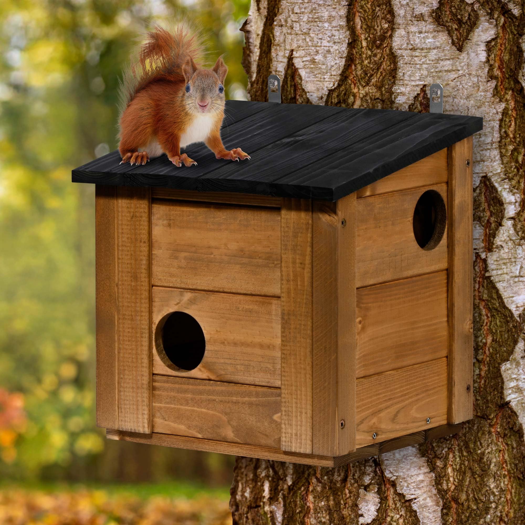 dobar® Eichhörnchenkobel mit 3 Eingängen - Eichhörnchen Futterhaus mit abnehmbarem Dach - Eichhörnchen Nistkasten zum Aufhängen - 31 x 26 x 33 cm - Braun