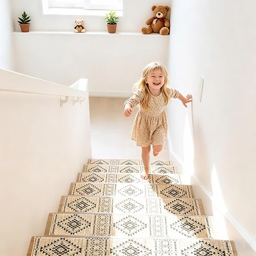 #CommissionsEarned<br>Stair Treads for Wooden Steps, Non Slip Stair Treads Carpet Indoor Residue Free Peel and Stick Washable Stair Covers, Safe for Dogs Kids Elders, Moroccan Beige, 8x30 inch, 4 Pack