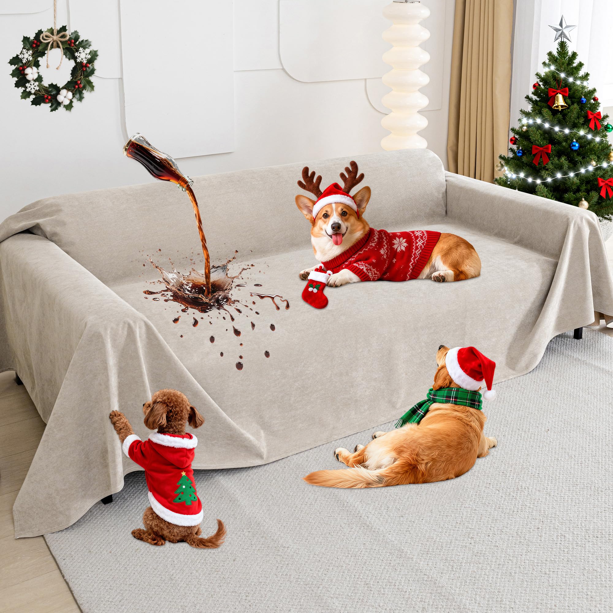 Loiion 100% Sofabezug Wasserdicht, Sofaüberwurf rutschfest Schutz Hund, Urin Schutz Sofa​ für Katzen​ Hunde Haustier, Couch Überzug Wasserdicht 2 Sitzer, Hellbraun, 300x180 cm