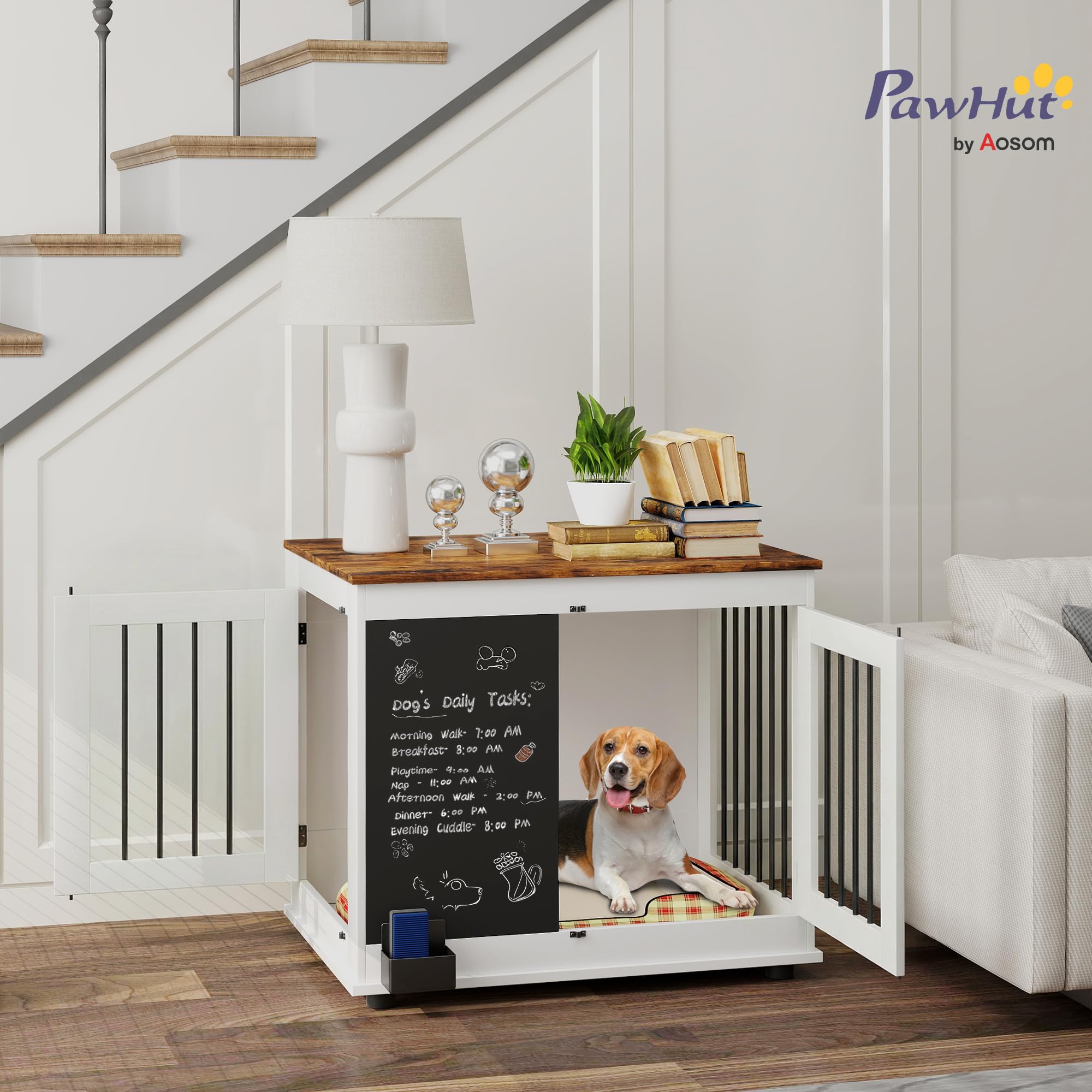 PawHut Jaula para Perros, Jaula para Perros de Interior, con 3 Puertas, Pizarra, Doble función, para Perros medianos de hasta 20 kg, 80 x 60 x 70 cm, Blanco