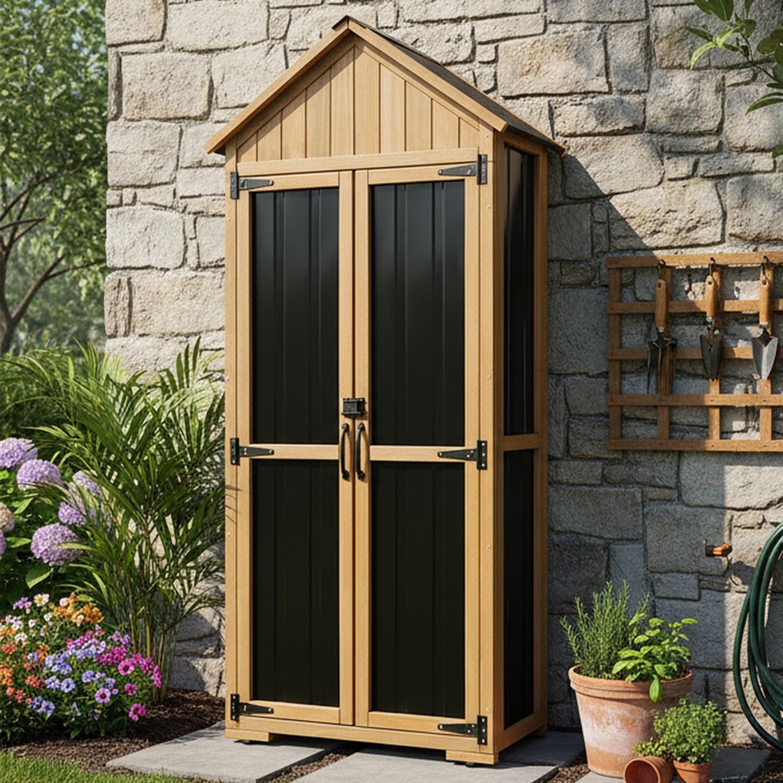 Outdoor Storage Cabinet Waterproof, Outdoor Storage Shed with Shelves, Wood &amp; Metal Patio Backyard Garden Storage Cabinet Tool Organizer for Outside