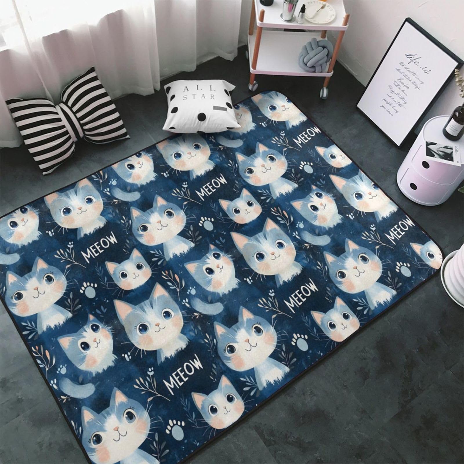 Tapis salon imprimé chat 152x99 cm antidérapant et lavable pour chambre
