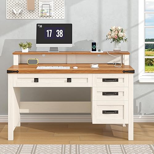 Miniatura 3 de Escritorio ejecutivo de granja con cajones, escritorio de computadora de 47 pulgadas con tomas de corriente, escritorio de oficina en casa con