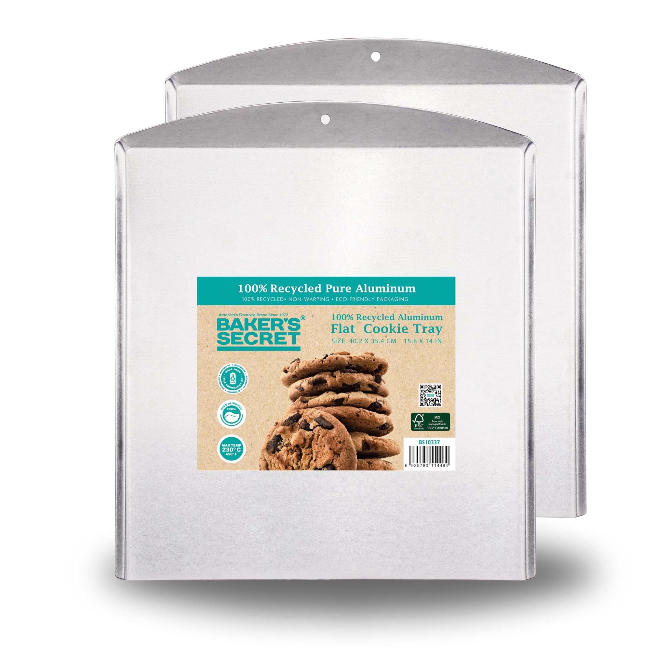Baker's Secret Herkömmliche Qualität, natürliches reines Aluminium, 2 Stück, flach, 40,6 cm, 100 % recycelt, Backblech für Ofen, chemikalienfrei, ohne PFOA, PFOS und PTFE – die natürliche