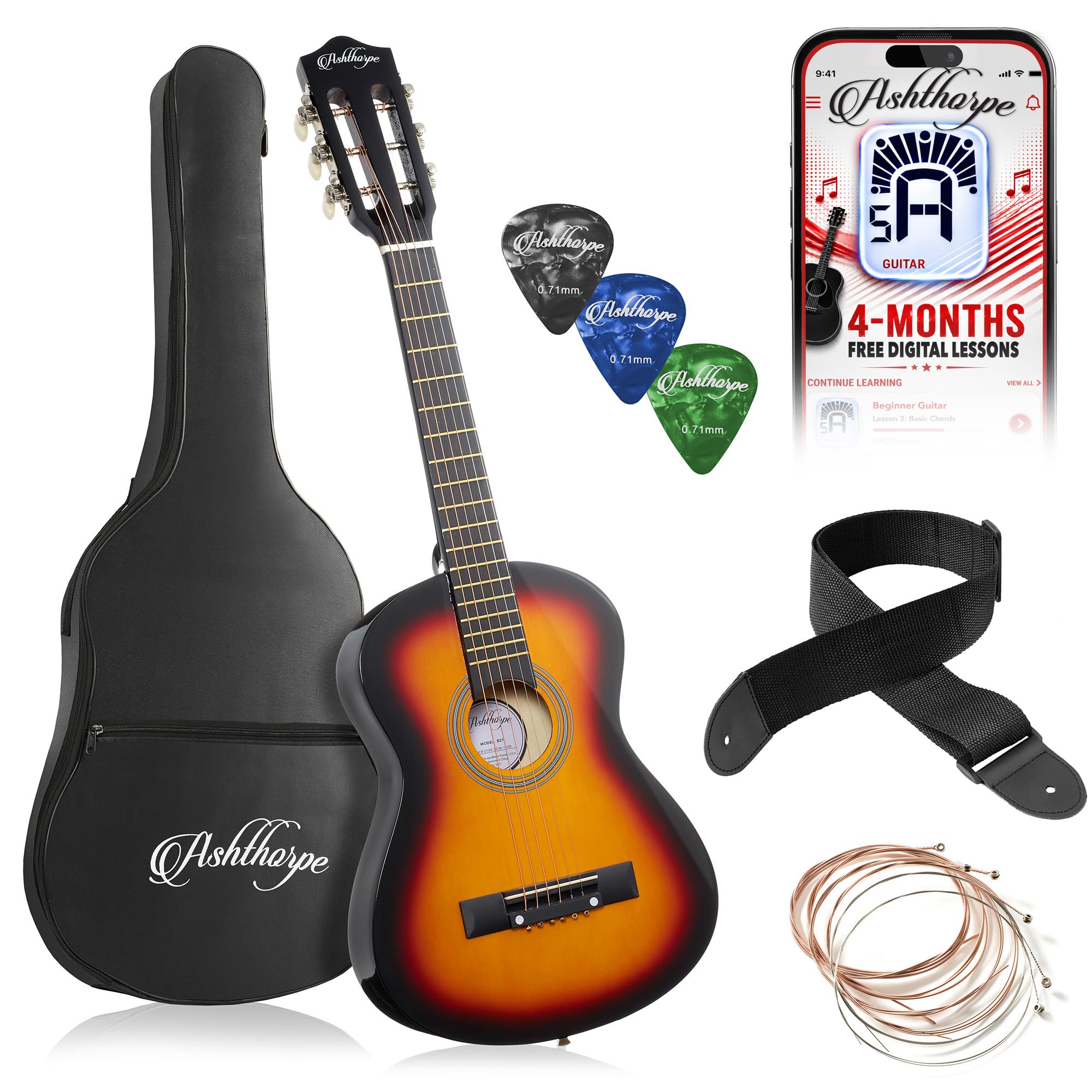 Ashthorpe 30-inch Kids Acoustic Guitar (Sunburst), Beginner Starter Kit with Gig Bag, Extra Strings, Strap, Picks, and Lessons