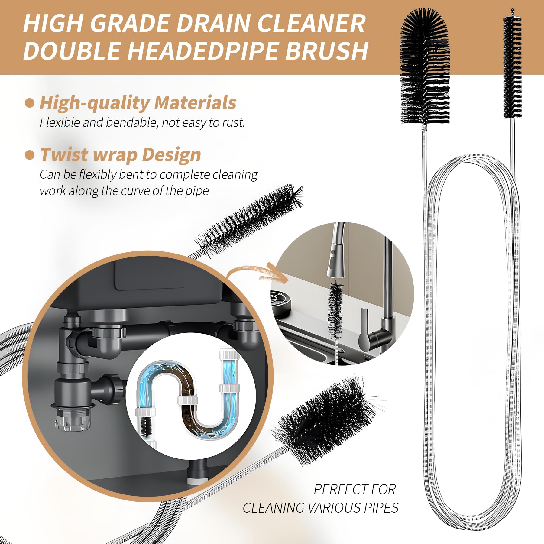 Stura Lavandini e Scarichi, Flessibile Forte Sbloccatore di Scarico, Spazzole Pulizia Professionali, Riutilizzabile Spazzola Pulizia Tubi,per Cucine Vasche Bagno Servizi Igienici Fognature (6 IN 1)