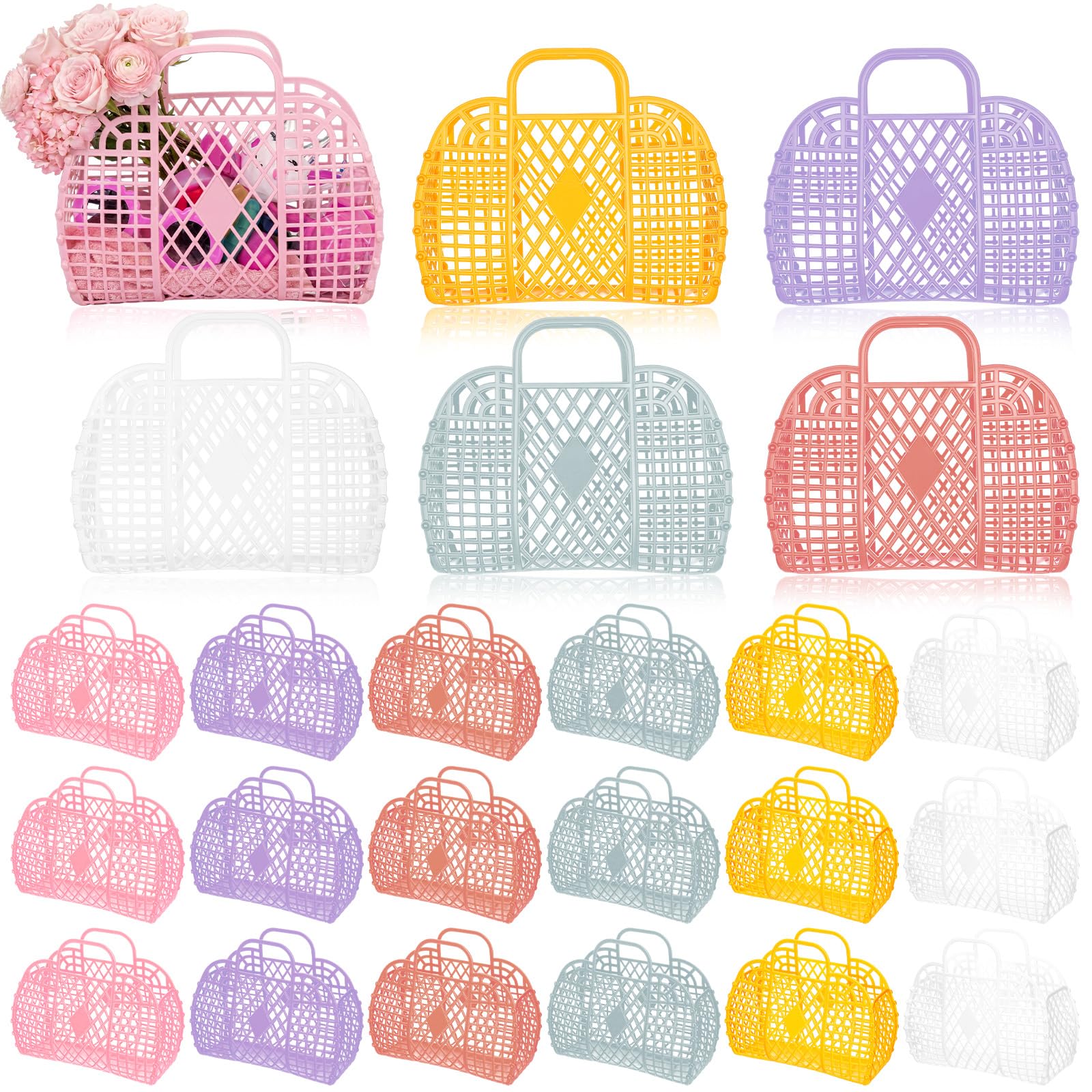 Hushee Confezione da 24 sacchetti di gelatina per ragazze, sacchetti regalo in gelatina, con manici, piccole borse in plastica, borse da spiaggia, vuote, cestino regalo per insegnanti, scuola
