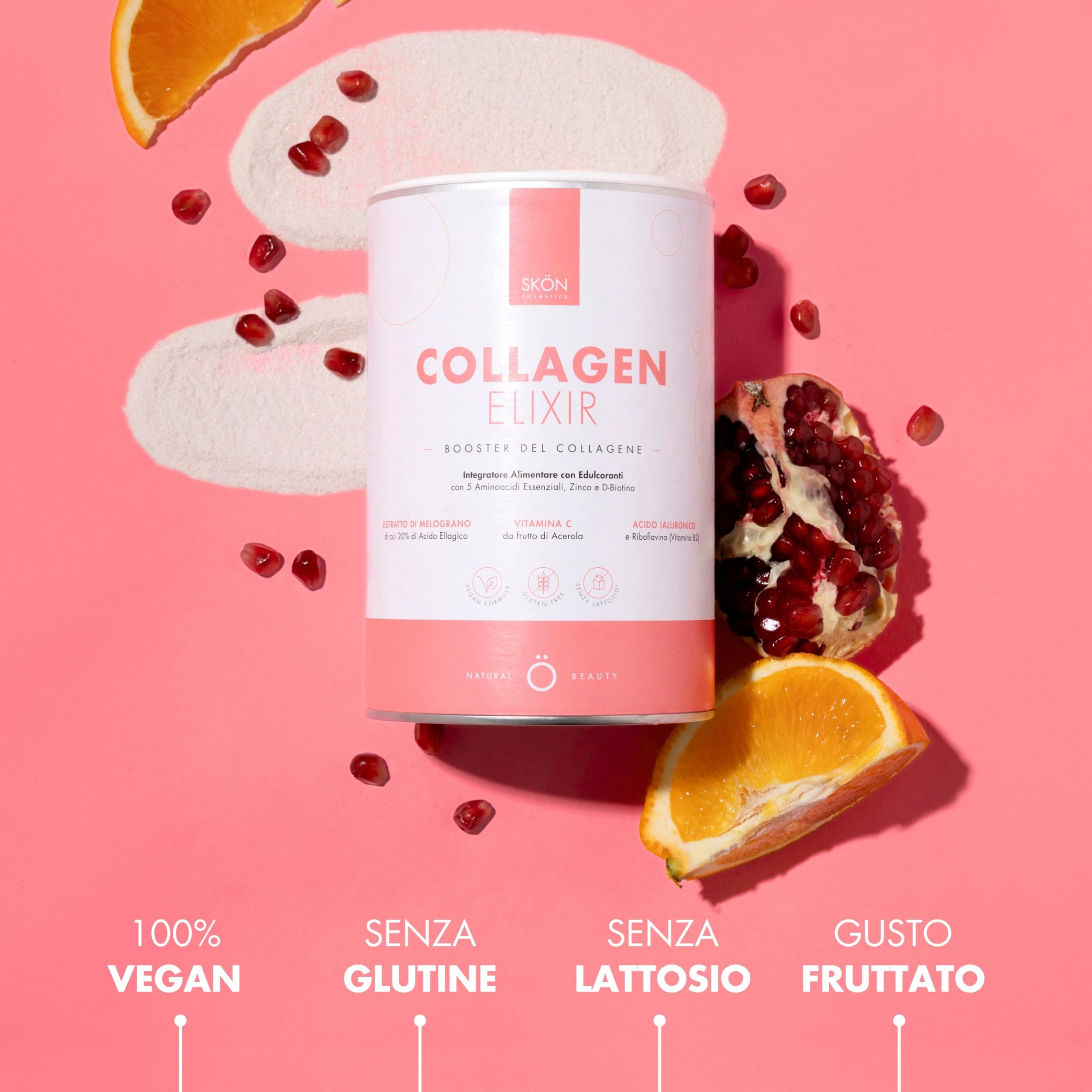 Skön Collagen Elixir - Integratore Collagene e Acido Ialuronico in Polvere con Vitamina C Biotina Niacina, Supporta la Produzione di Collagene - Integratore Capelli Unghie Pelle, 240gx2, Made in Italy