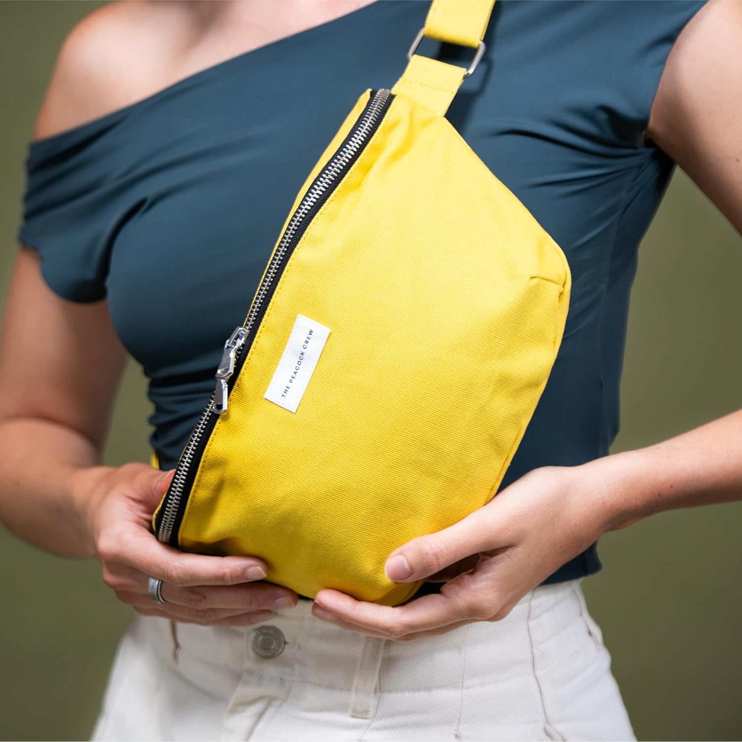 Spacious Yellow Gold Crossbody Belt Bag in Cotton Canvas – Lightweight Comfortable & Elegant Sling Pouch Travel Safe Design & Daily Use – Dual Zippers Fanny Pack for Men & Women - Image 8