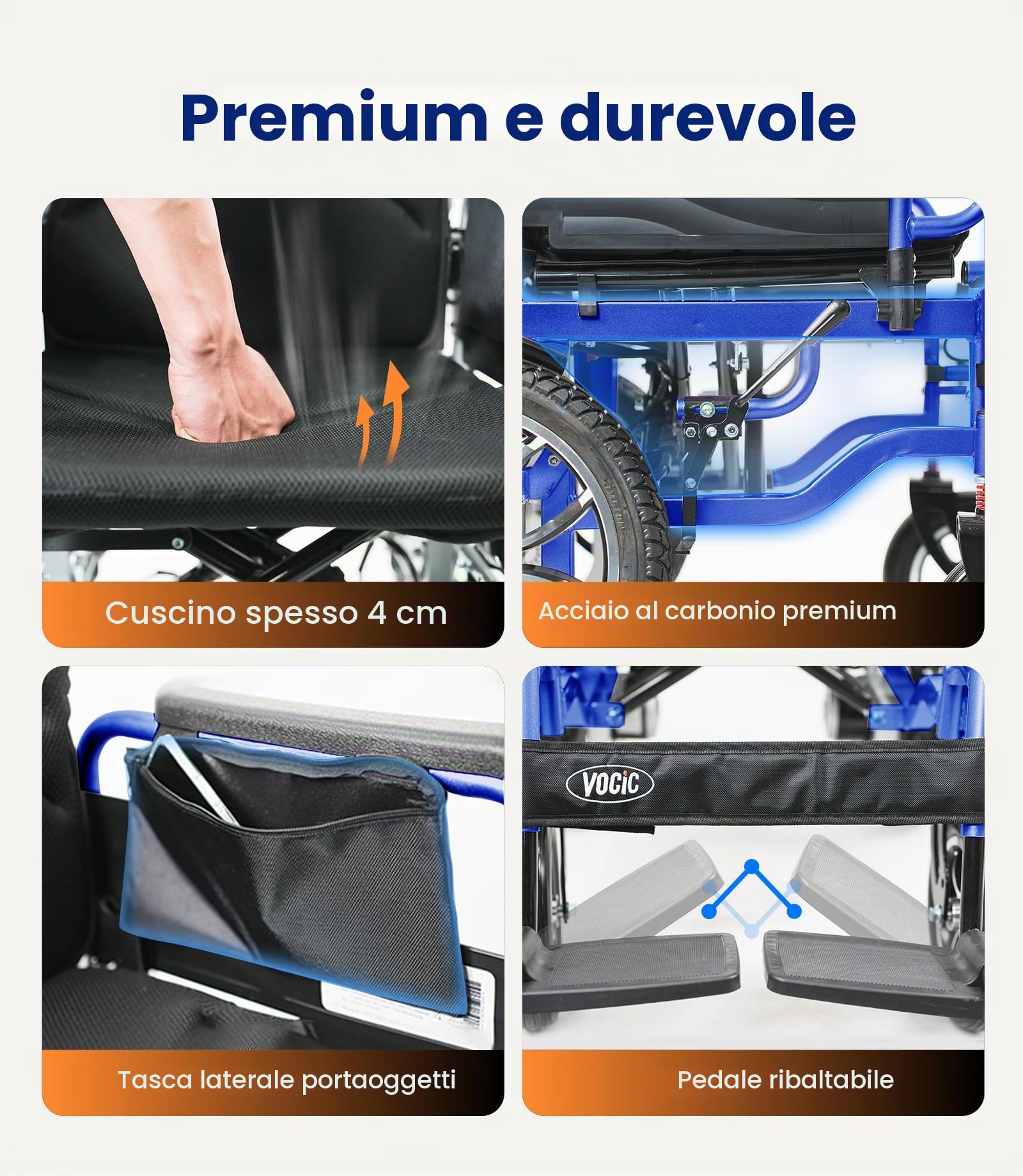 VOCIC V56 Sedia a rotelle elettrica pieghevole leggera 150KG,30KM sedia a rotelle elettrica stabile con pneumatici in gomma 40CM per tutti i terreni,Approvato dalla compagnia aerea (Blu)