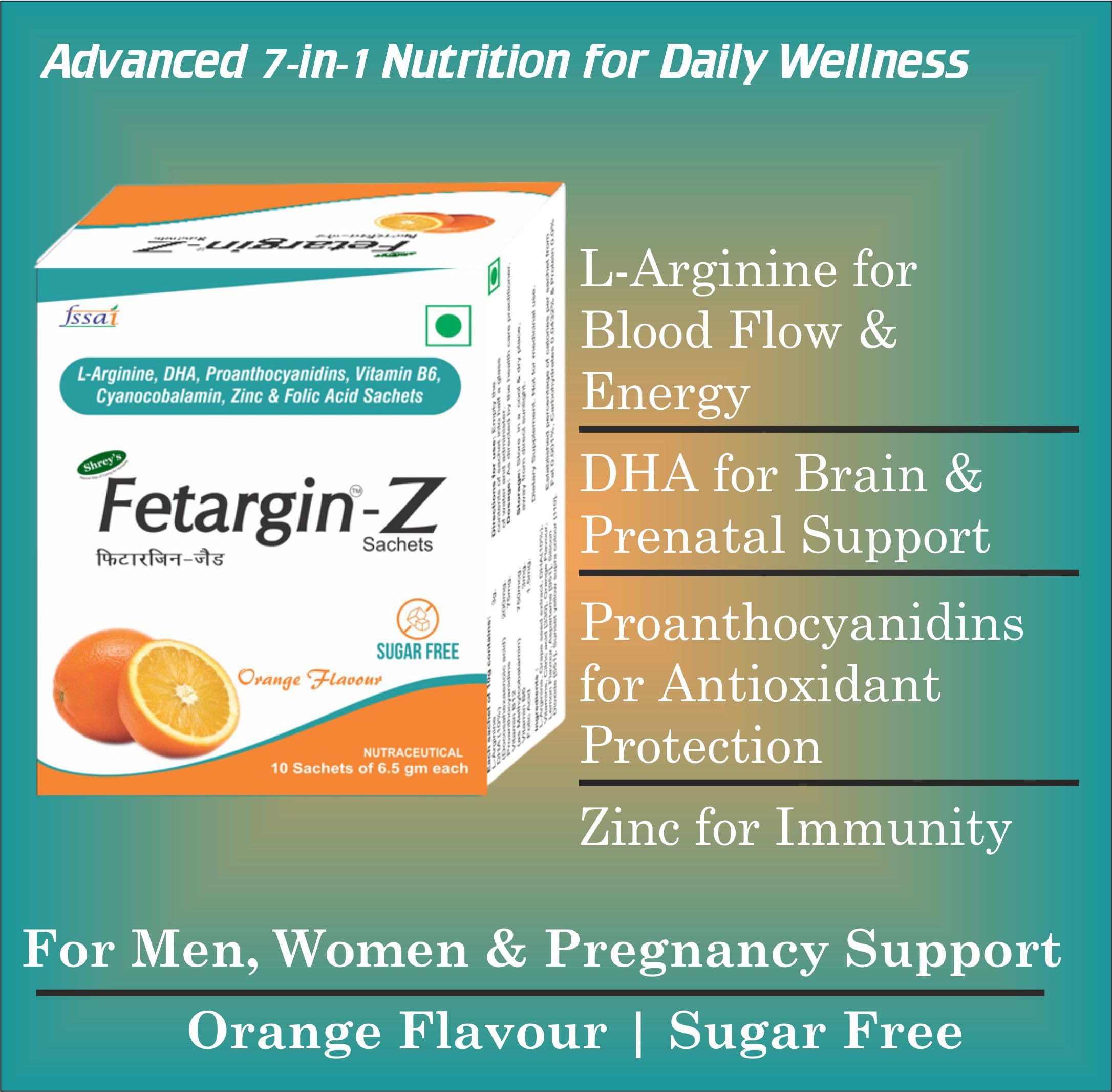 Shrey’s Fetargin-Z L-Arginine, DHA, Proanthocyanidins, Vitamin B6, Zinc, Folic Acid & Vitamin B12 Powder | Supports Energy, Pregnancy Wellness, Immunity & Heart Health | Orange Flavour | Sugar Free | 20 Sachets — Amazon image 3