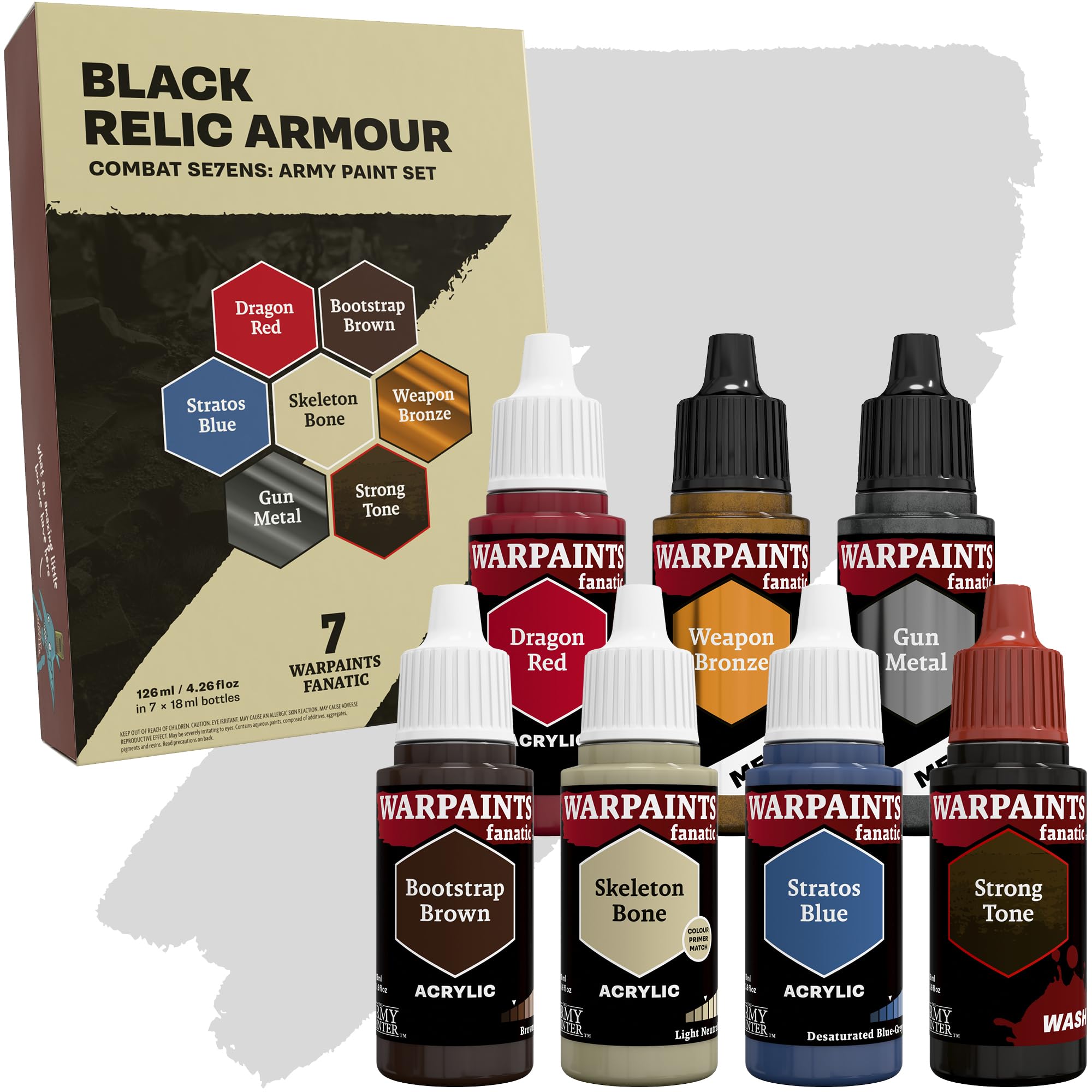 The Army Painter, Combat Se7ens: Black Relic Armour, 7 x 18 ml Warpaints Fanatic: 4 Acrylic, 1 Wash, 2 Metallics, Perfect for Miniature Quality Hobby Paints for DnD & Warhammer Figures