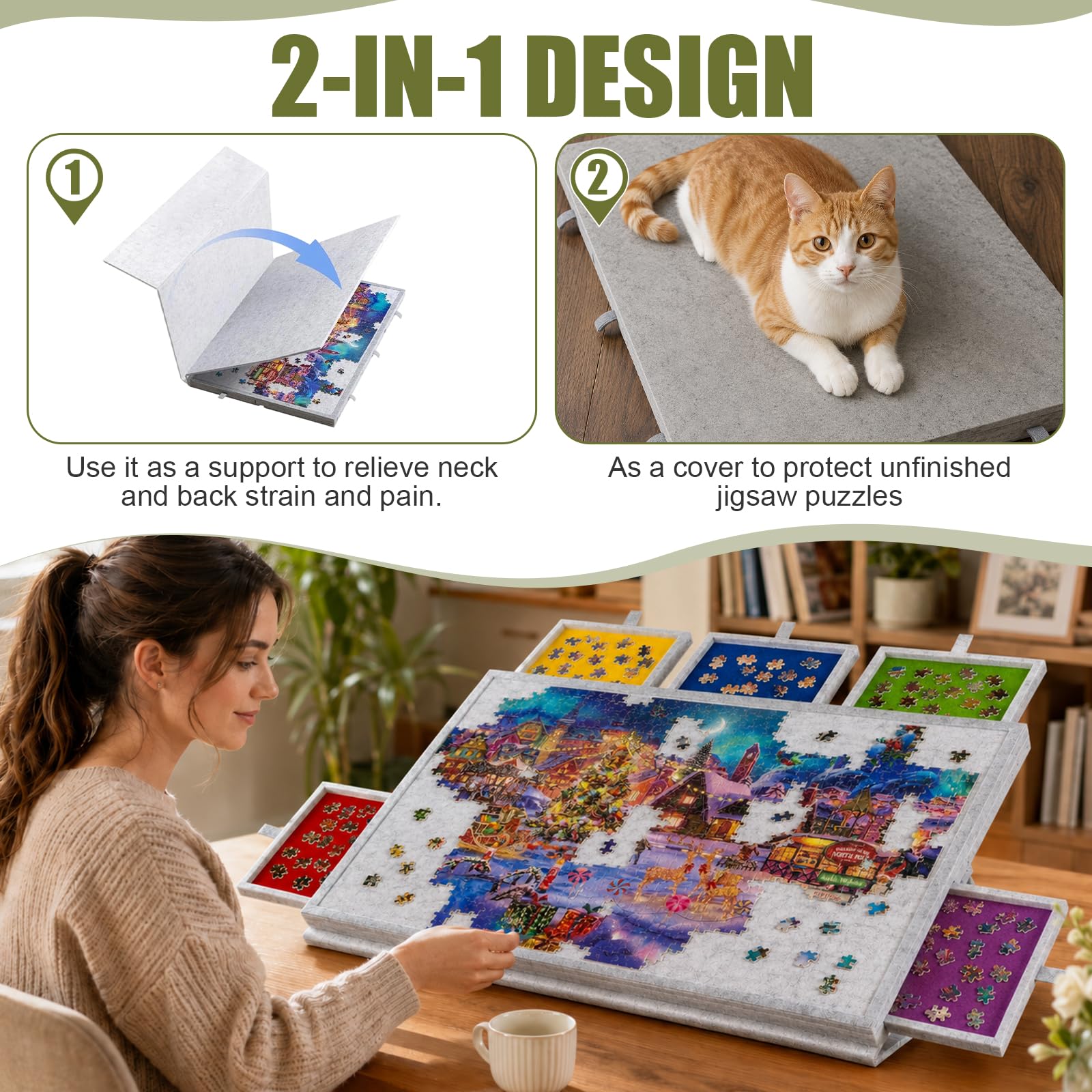 Mesa de rompecabezas 2 en 1 basculante de fieltro plegable y tabla de clasificar puzles con 5 cajas clasificadoras, para 1000-1500 piezas, antideslizante y ergonómica, para adultos (gris claro, 1000